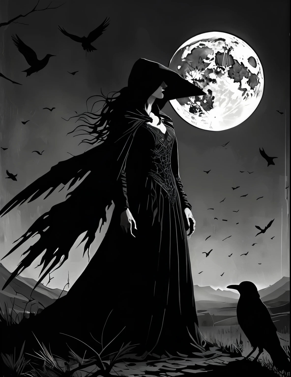 macabre style heart of the Black Desert a woman cloaked in shadow stands, solo, her form a deeper shade within the all-encompassing darkness, performing a mysterious ritual known only to her, moving with precision and grace through the thick tangible obscurity that surrounds her, the ritual carving pathways of emptiness into the void itself, a massive harvest moon in the background, moon light filters through the darkness illuminating her form, crows gather around her drawn to the enigmatic aura of this sculptor of the unseen, style of Russ Mills and Tyler Shields,. dark, gothic, grim, haunting, highly detailed,