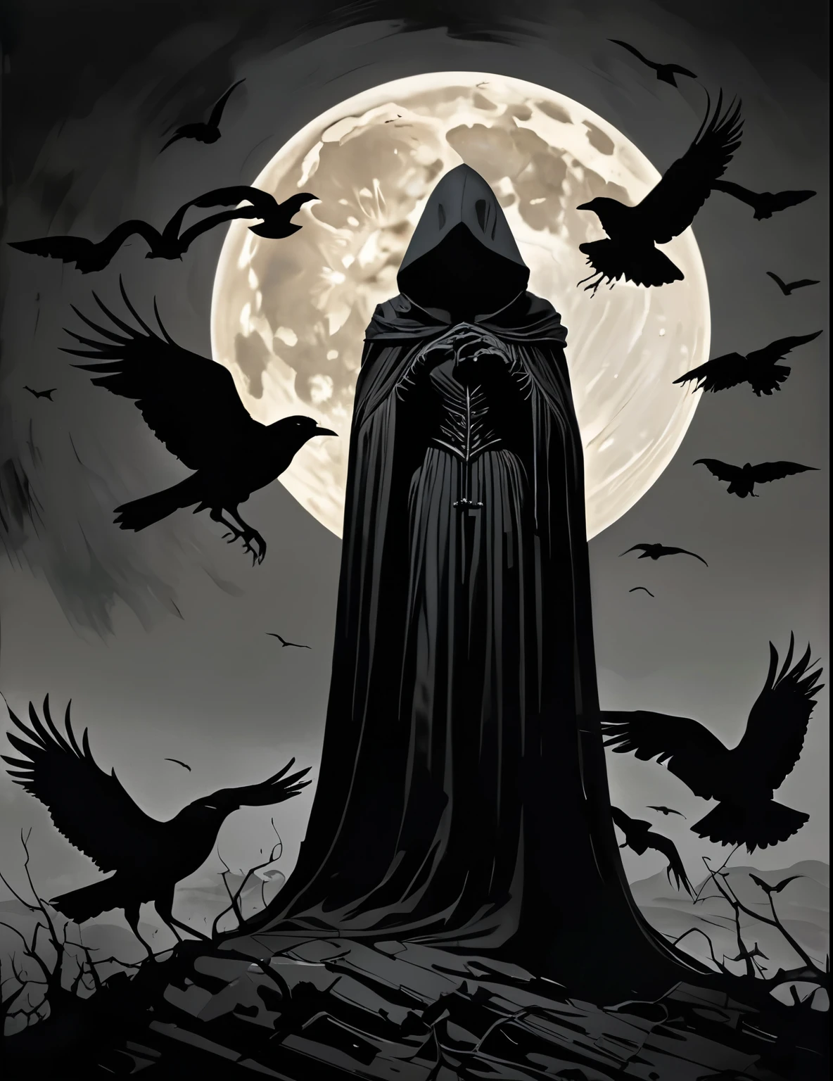 macabre style heart of the Black Desert a woman cloaked in shadow stands, solo, her form a deeper shade within the all-encompassing darkness, performing a mysterious ritual known only to her, moving with precision and grace through the thick tangible obscurity that surrounds her, the ritual carving pathways of emptiness into the void itself, a massive harvest moon in the background, moon light filters through the darkness illuminating her form, crows gather around her drawn to the enigmatic aura of this sculptor of the unseen, style of Russ Mills and Tyler Shields,. dark, gothic, grim, haunting, highly detailed,