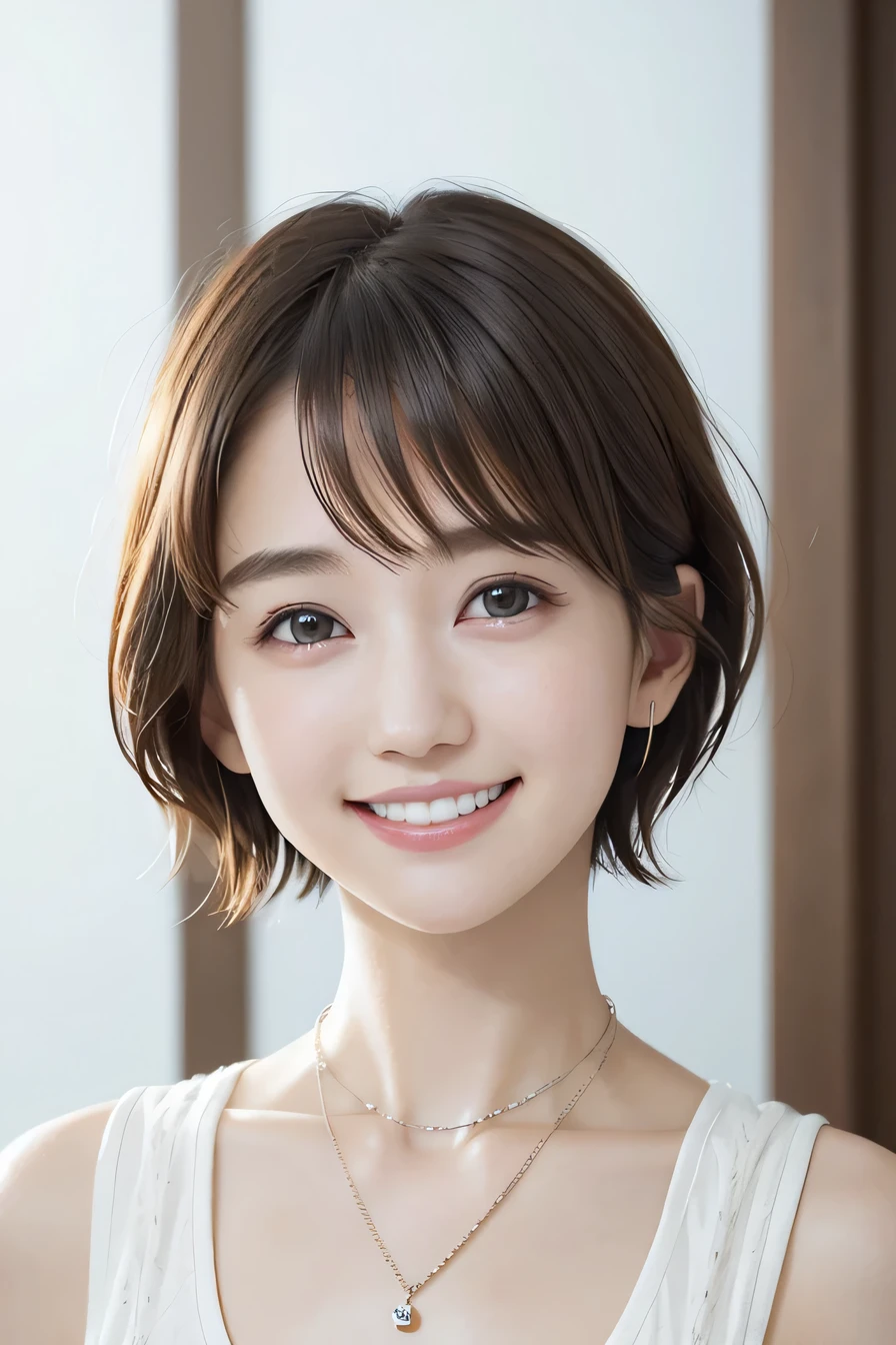 205 ((short hair)), 20-year-old female, In underwear、cardigan、Open your mouth、smile、Beautiful teeth alignment、Black Hair、ear piercing、Necklace around the neck、Looking into the camera, Waiting for the start