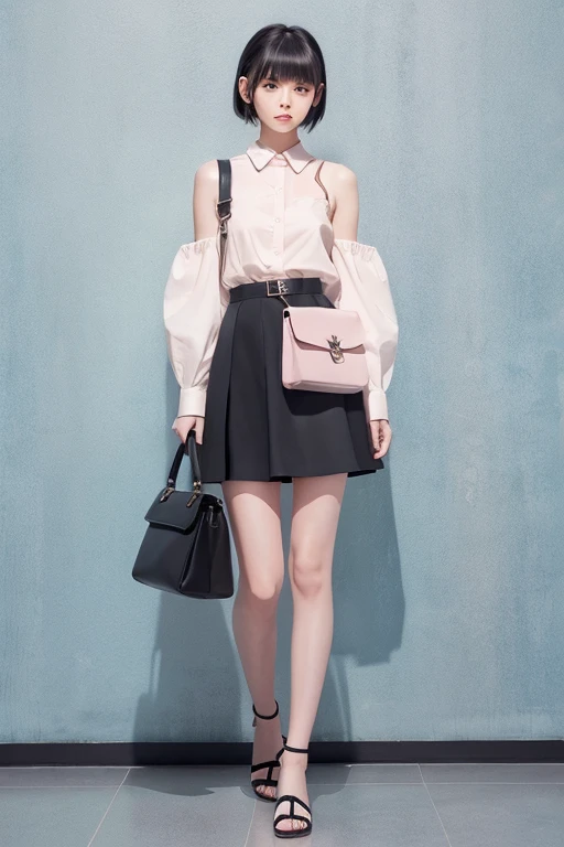 Illustration of a girl wearing a short skirt, hand bag, Full body character sheet, Full body illustration, Full body painting, Detailed full body concept, Official character illustration, fashion model walking pose, Tokyo girls collection, Pastel Colors dress skirt and shirt, ash black hair style, Pastel color Shoulder bag