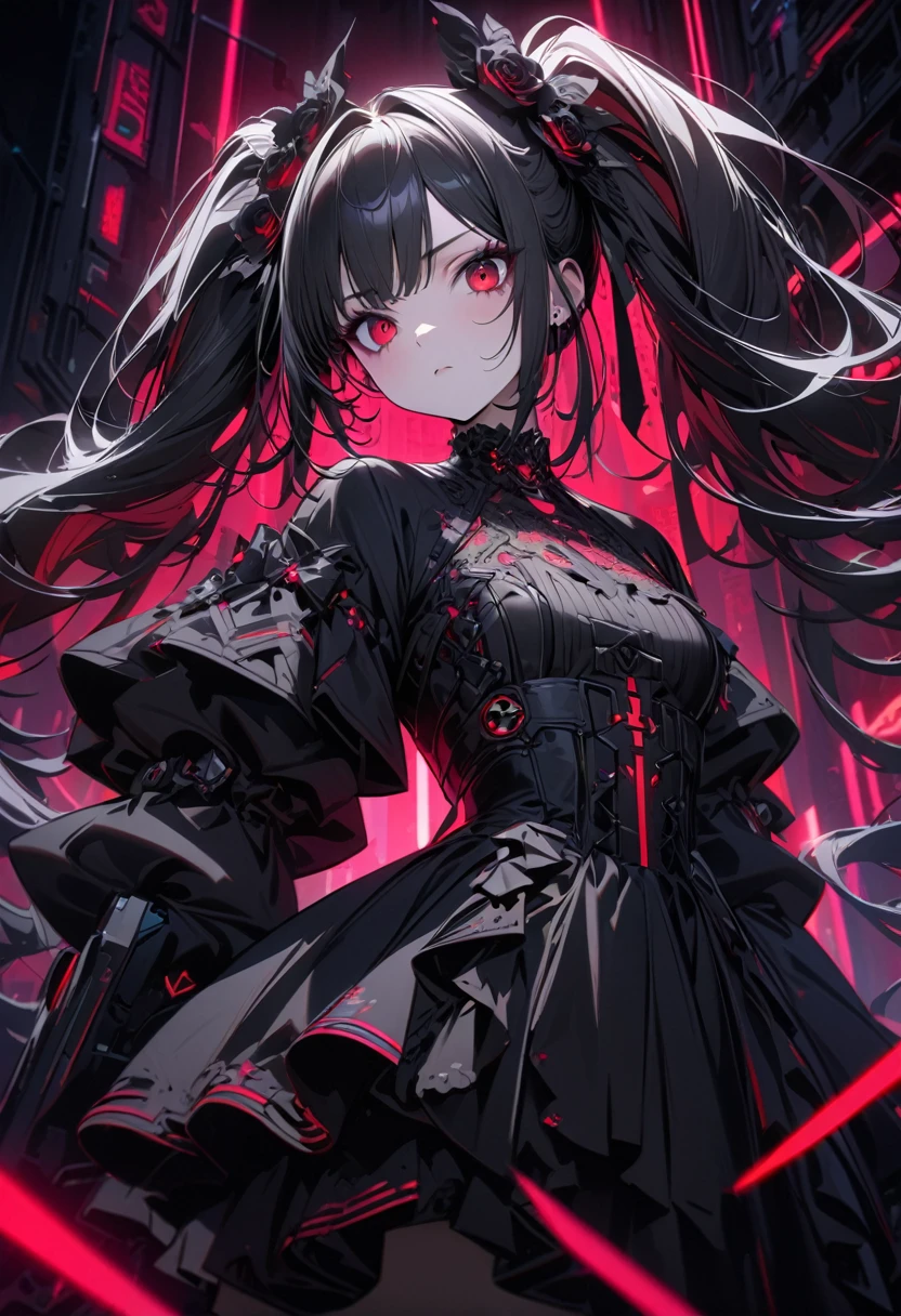 a beautiful girl with long red twin tails, red eyes, wearing a gorgeous black and white gothic lolita dress in a cyberpunk style, with many visible mechanisms and red neon lights shining from the clothes, against a pure white background with many black roses, in a bewitching pose, 1girl, robot style black and white barrette, (best quality,4k,8k,highres,masterpiece:1.2),ultra-detailed,cyberpunk,gothic lolita,intricate details,ornate,dramatic lighting,fine details,mechanical,red neon,black roses,high fashion,elegant,alluring,captivating