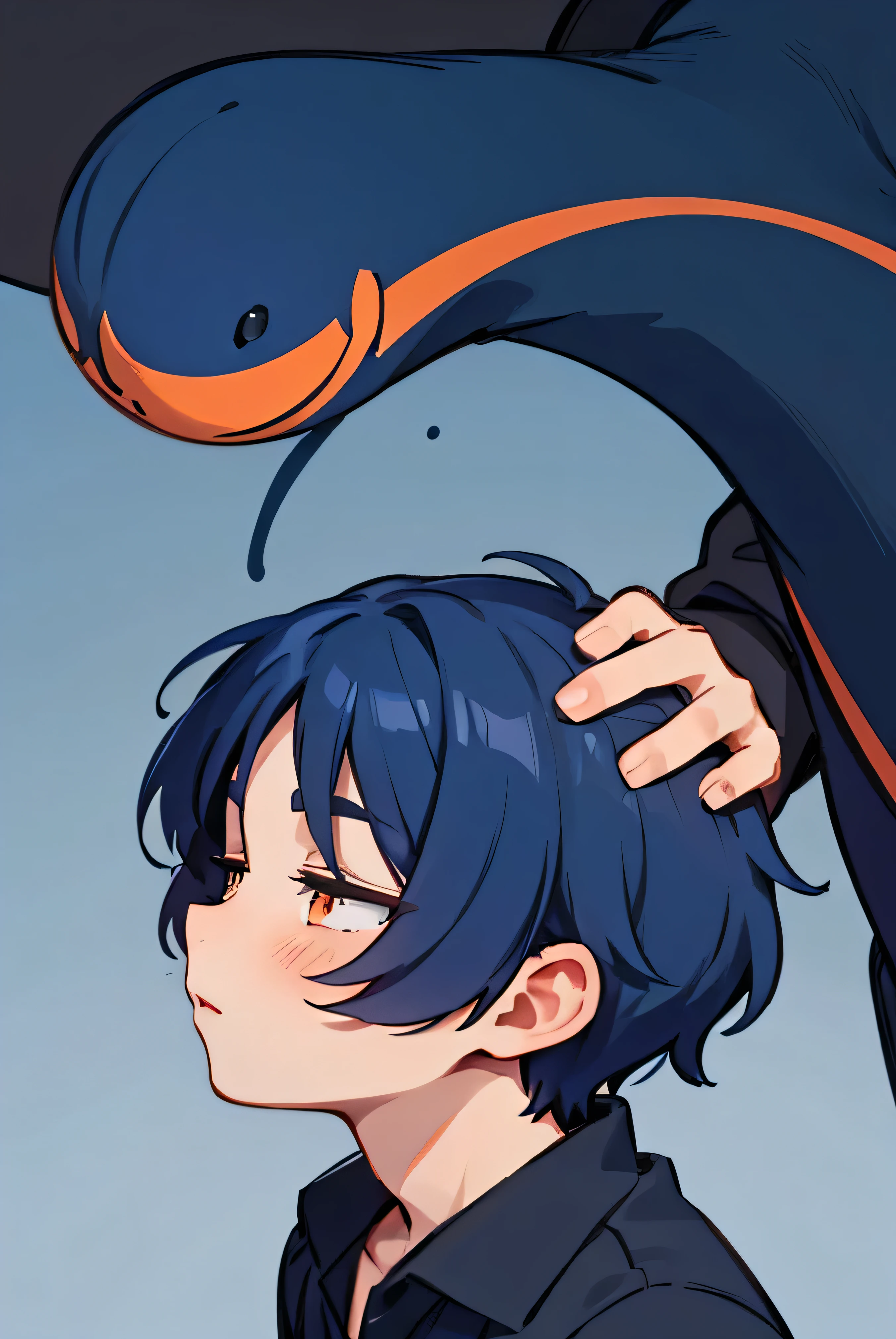 A boy with dark blue hair and orange eyes