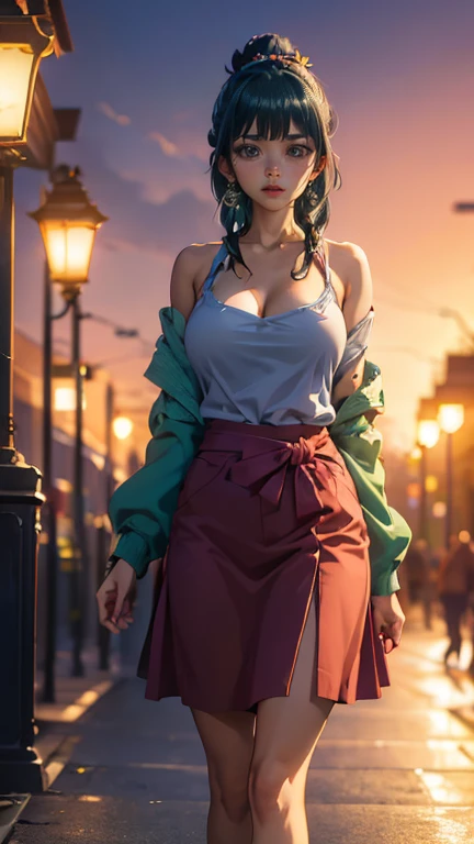 ((Best quality)), ((masterpiece)), (anime), a beautiful sexy woman walking in a skirt, blue eyes, green hair, smooth skin, cleavage, smile, shoulders exposed, anime, green eyes, maomao, Under street lights, ((Sunset Dusk)), (((park))), curvu body, ((woman)),