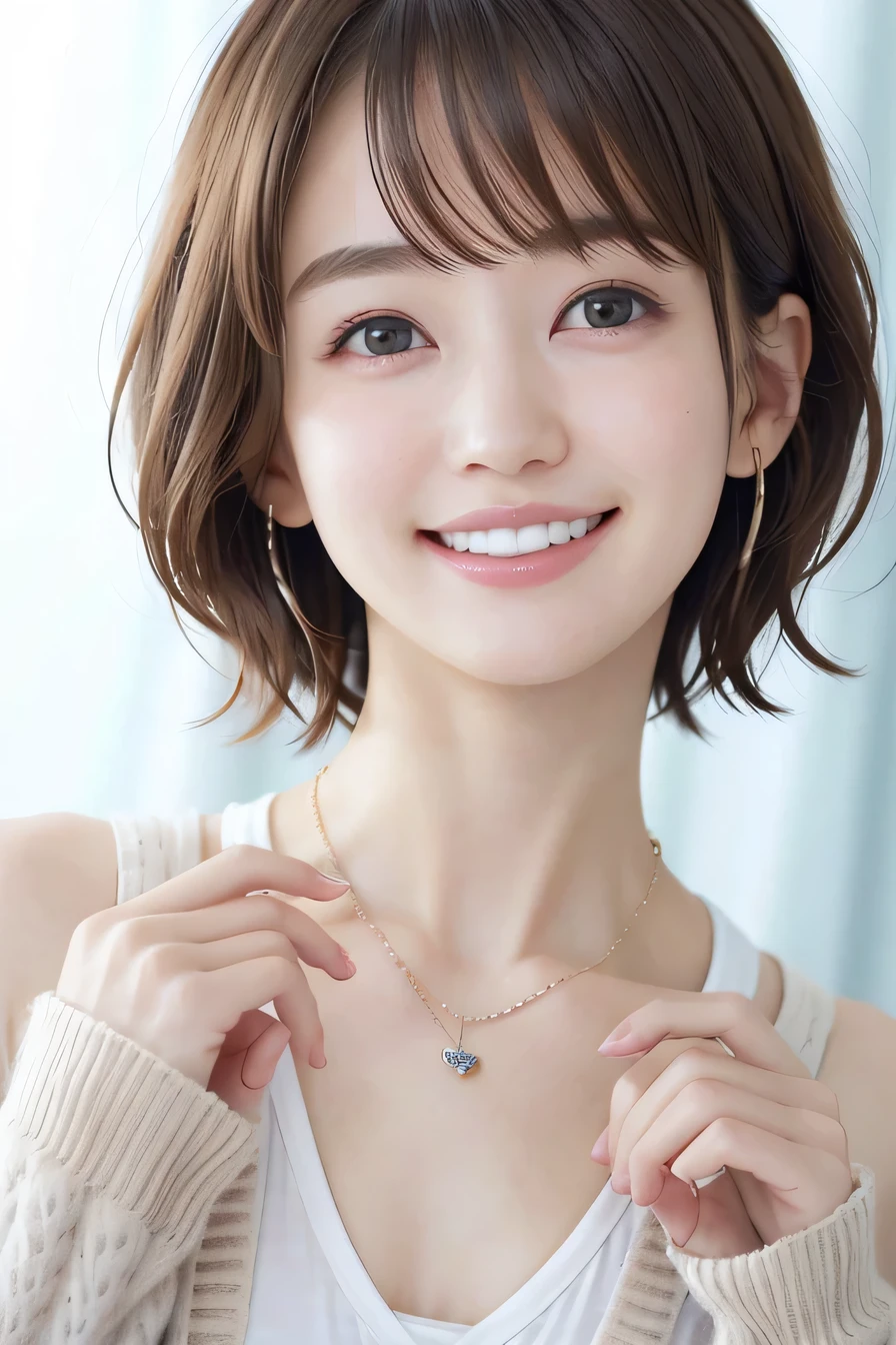 205 ((short hair)), 20-year-old female, In underwear、cardigan、Open your mouth、smile、Beautiful teeth alignment、Black Hair、ear piercing、Necklace around the neck、Looking into the camera, Waiting for the start