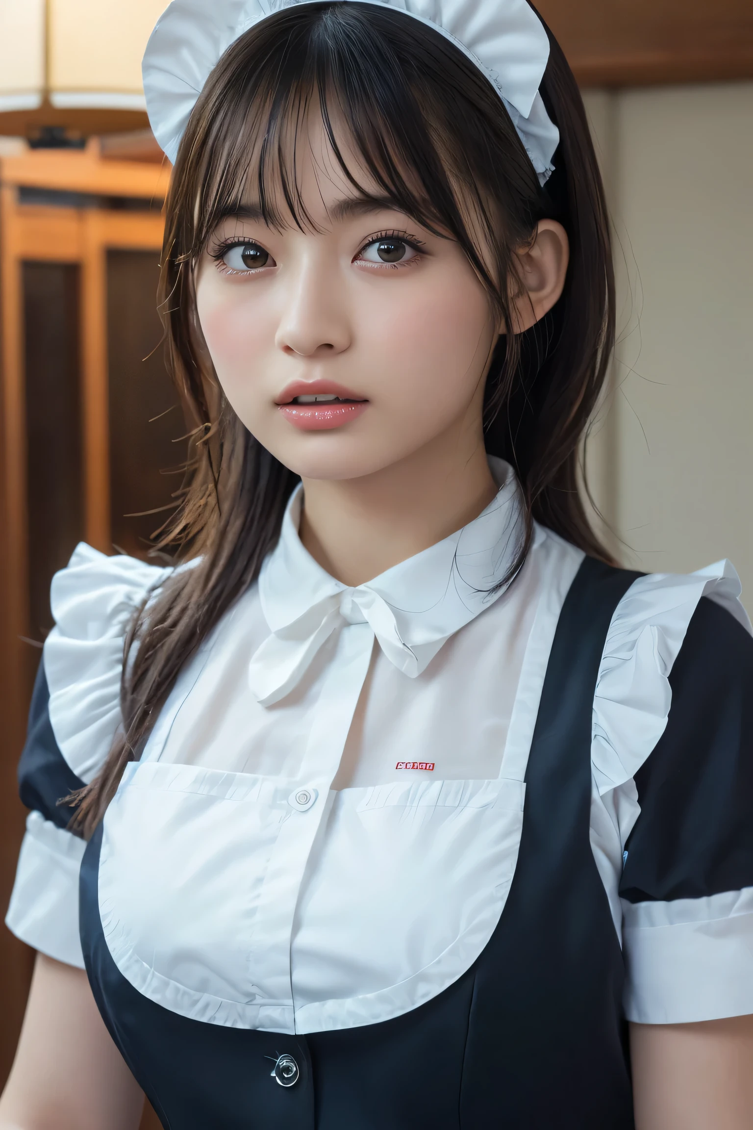 (8K, RAW Photos, Highest quality, masterpiece:1.2), (professional photography, full colors, studio-caliber color grading), (Gravure quality for high-end fashion magazines), close up, BREAK,18 year old girl,(perfect long ponytail:1.1), crying a little, Harajuku style, Big Natural Color Lip, (Plumpy body:1.2 (smooth skin:1.1 (huge breasts:1.2 (expresses the roundness and softness of the chest area..:1.1 BREAK (waitress uniform, restaurant)
