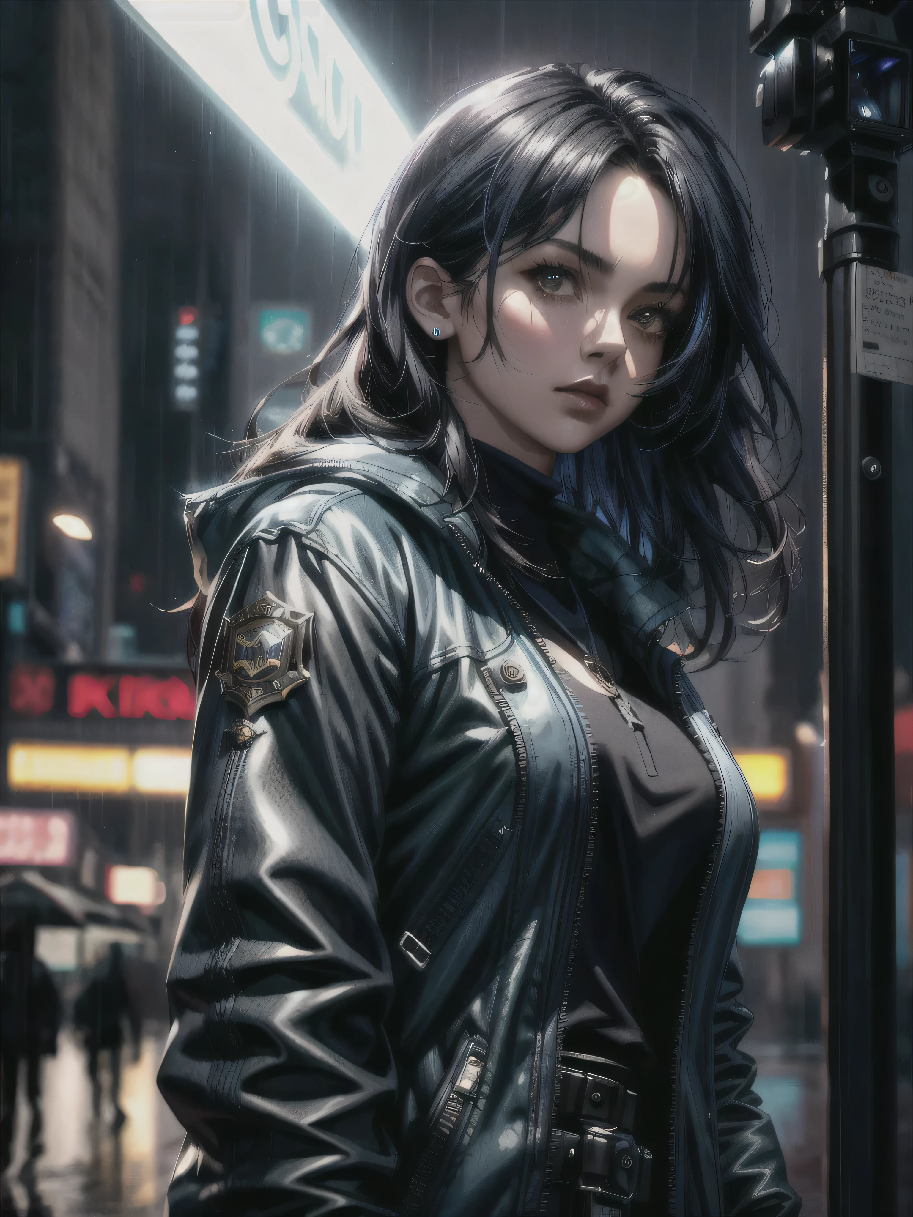 A beautiful young female detective, extremely detailed face, intense blue mask, dark clothing, holding a magnifying glass, standing in a rainy urban setting with neon lights, (best quality,4k,8k,highres,masterpiece:1.2),ultra-detailed,(realistic,photorealistic,photo-realistic:1.37),cinematic lighting, dark moody colors, dramatic shadows, concept art style