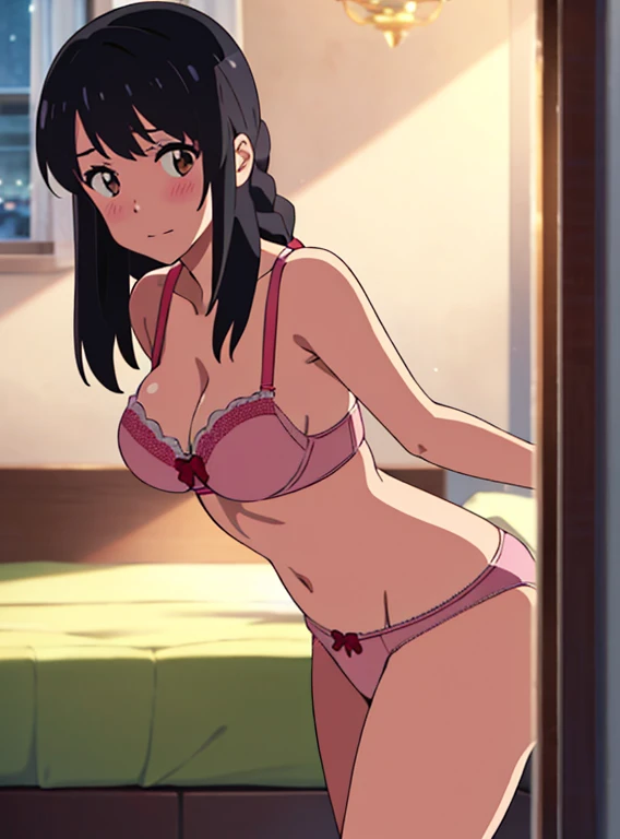 shinkai makoto, kimi no na wa., 1girl, bangs, black hair, brown eyes, waterfall braid, red ribbon, long hair, solo, blush, looking at the viewer, arms up, sexy pose, cute, bedroom, night, lamp, light off, light pink bra, breast, medium breast, light pink panties, masterpiece, front view,