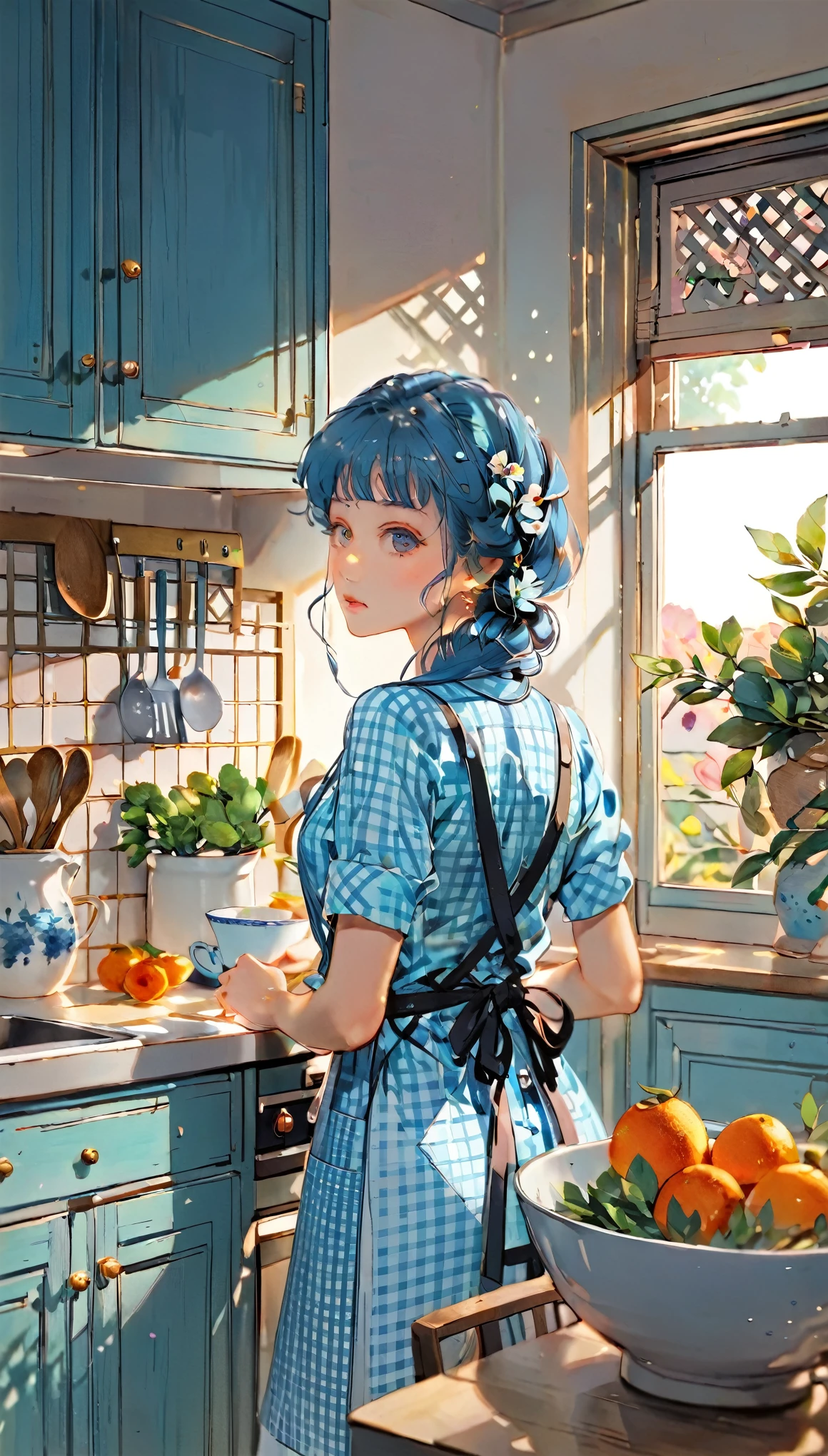 (((paper cutting style))), 1 girl, blue long medium hair, long braid, blue check shirts, apron, kitchen , portfolio from behind