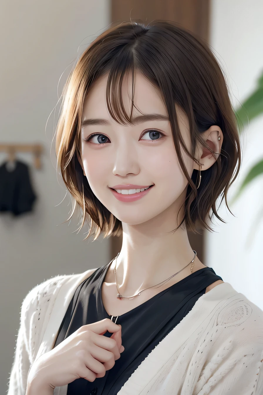 205 ((short hair)), 20-year-old female, In underwear、Put a cardigan over your shoulders、 A refreshing smile、Beautiful teeth alignment、Dark eyeliner、Dark brown hair、ear piercing、Necklace around the neck、Looking at the camera