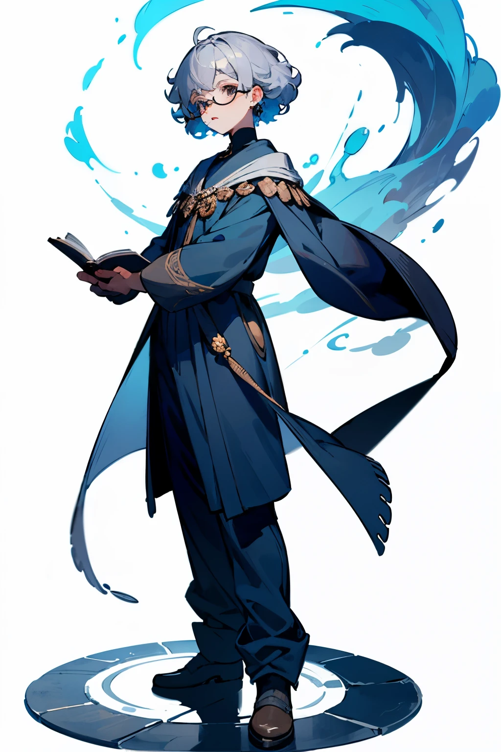 Boy with perm, short bob, large earrings, round glasses, silver hair, boy, white background, full body, wizard, small spellbook, navy clothes, accessories, standing picture