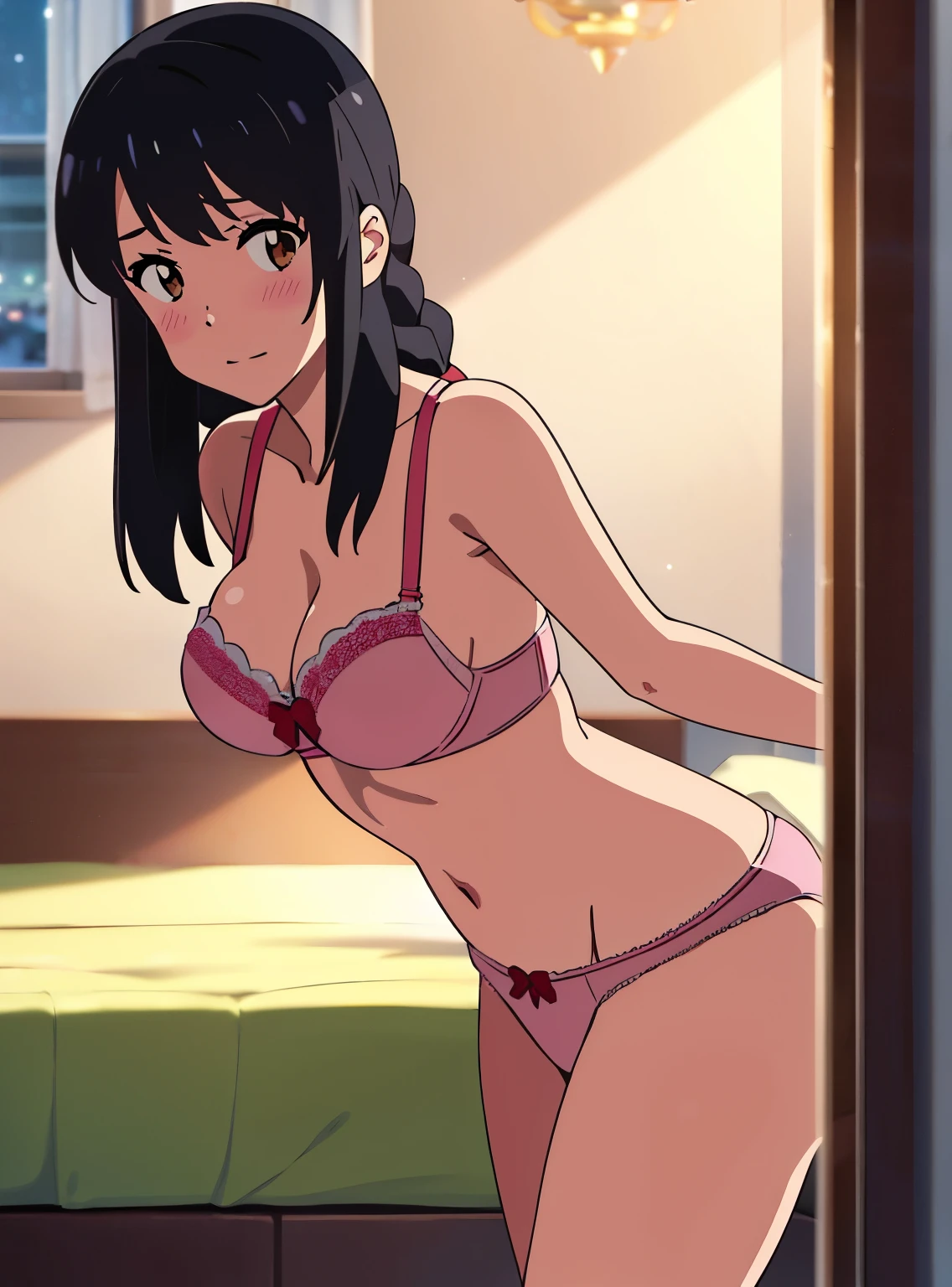 shinkai makoto, kimi no na wa., 1girl, bangs, black hair, brown eyes, waterfall braid, red ribbon, long hair, solo, blush, looking at the viewer, arms up, sexy pose, cute, bedroom, night, lamp, light off, light pink bra, breast, medium breast, light pink panties, masterpiece, front view,