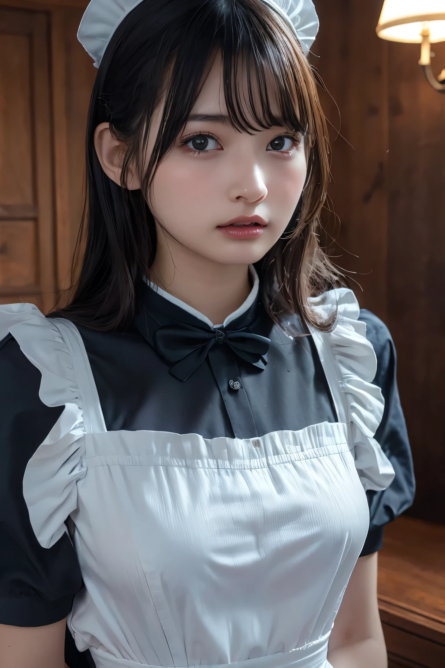 masterpiece, best quality, highres, 18+ mature content, sensual, intimate, emotional, passionate, romantic, sweet, endearing, innocent, pure, captivating, alluring, enticing, mysterious, enchanting, captivating, immersive, mesmerizing, dreamlike, surreal, imaginative, whimsical, artistic, avant-garde, timeless, elegant, sophisticated, chic, refined, unique, original, mesmerizing,((Maid clothes:1.3))、((Upper Body:1.3)),