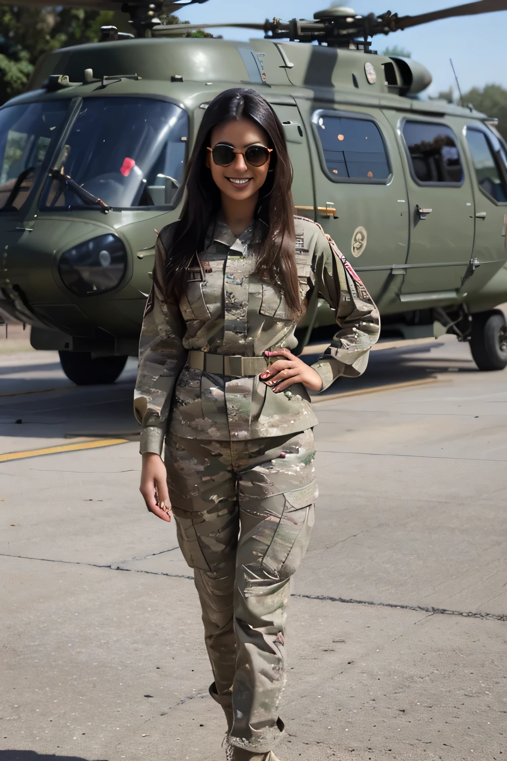 ((best quality)), ((masterpiece)), (detailed), perfect face a beautiful 21 year old Indian slim girl with smiling face beautiful eyes wearing army clamafaus uniform dress army dress and army pant in front of a army helicopter in army base wearing sunglasses in eyes full pic army soldiers uniform army shirt  airforce uniform army full sleeve shirt full body covered 