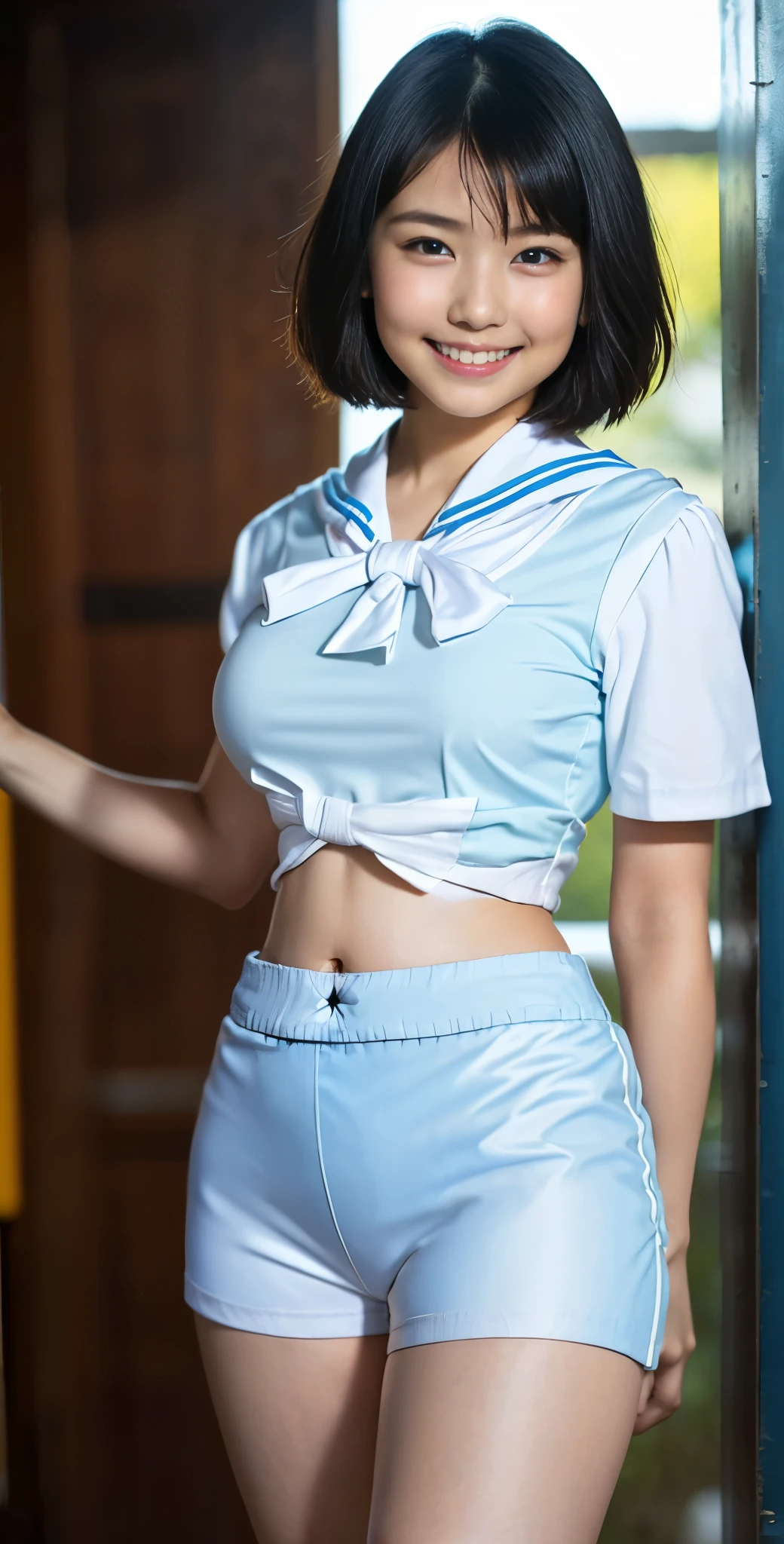 （8k、Raw photography、highest quality、masterpiece：1.2),(Black-haired、Very short hair:1.8),(ponytail:1.3)、View your audience,Viewed from the front,White skin,(high school girl、The upper body is a light blue uniform:1.7)、(Tight waist:1.6)、(Clothes that accentuate the shape of the :1.0)、(Big BreSlim figure、Ultigh resolution,beautiful,beautiful fece,(one person、No background:1.9),whole bodyボディー,Japanese women,（reality的：1.37）、Photon Mapping,reality、(Baby-faced and cute: 1.4)、(Cute Smile: 1.8)、(Round face: 1.8)、Radio City、Physically Based Rendering、Depth of field rally background、photograph, (I can see your knees、Very short white shorts、Thigh close-up:1.8),（:1.4）,whole body、Great quality