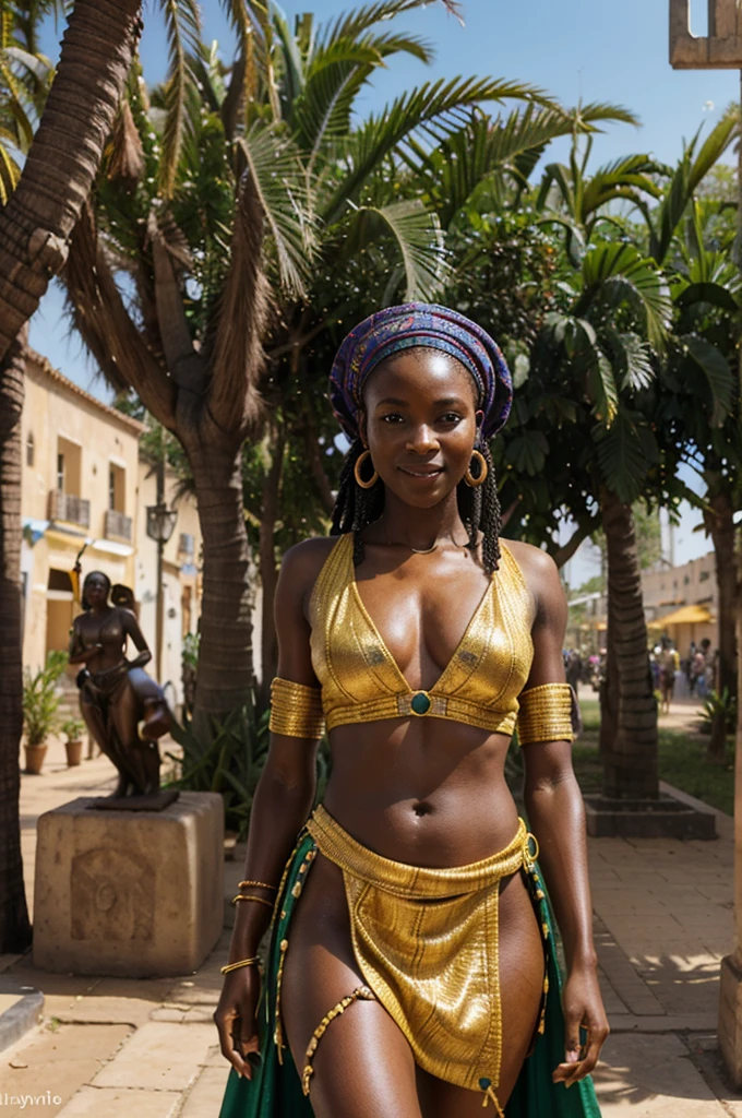 in Senegal, en tenue traditionelle, African markets, vegetation, Sculptures africaines, beau lever de soleil qui brille, with a beautiful iris light, art de style allemand, 32K, Ultra HD, unreal engine rendered, Hyper realistic image, pose sexy, petit sourire, statue Dakar en fond