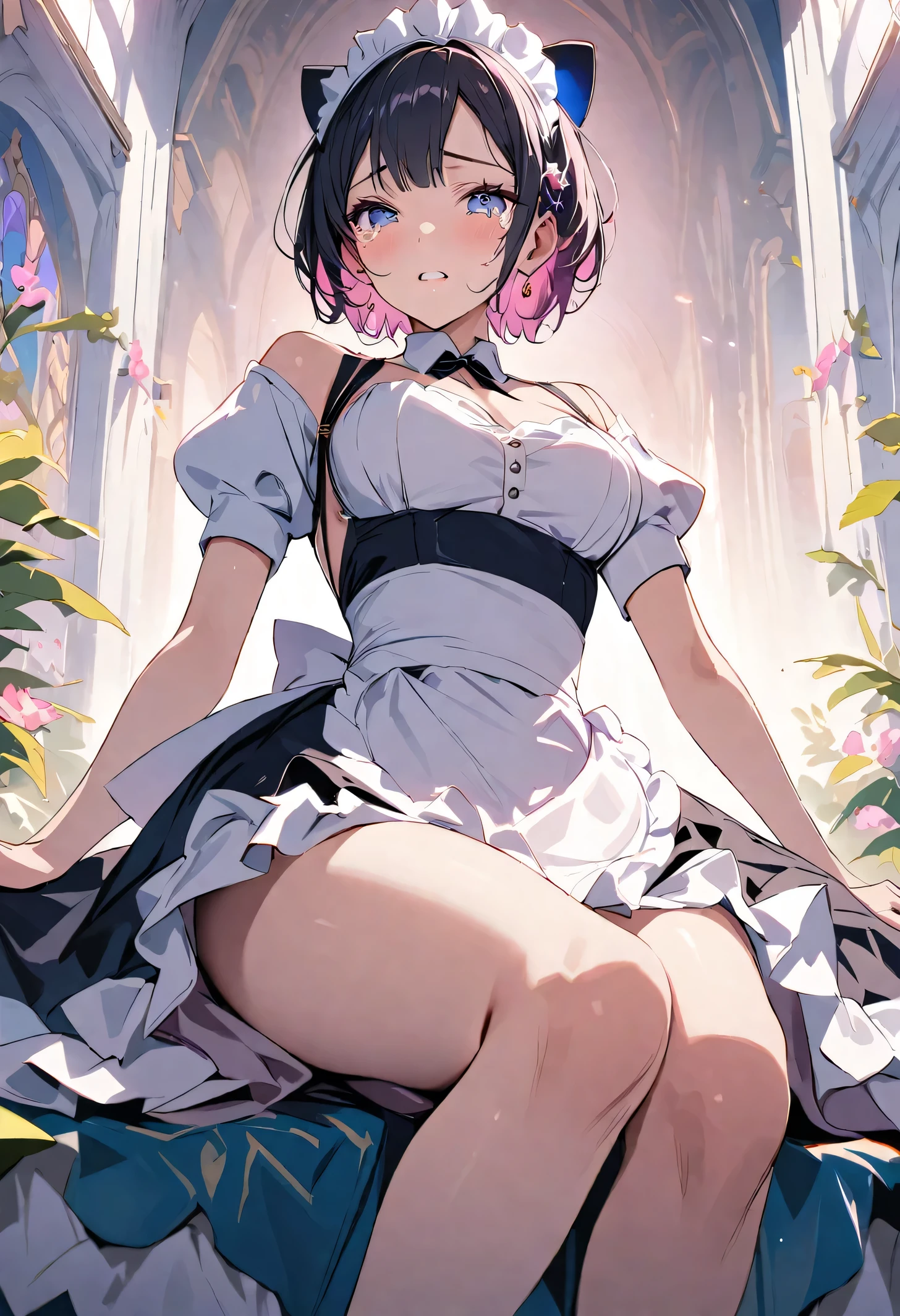 (Highest quality:1.5)、(masterpiece)、(8k:1.5)、Very detailed、Realistic、(One girl)、(Looking at me with a smile:1.5)、whole body、(Black Hair)、Small face、(Slender:1.2)、(Big Breasts:1.2)、(Pink shirt with buttons and a ruffled collar:1.2)、(Pink short skirt with frills:1.2)、(Black thigh-high socks)、(Black garter belt)、(See-through:1.0)、(Lifting her skirt to show her vagina:1.2)、(Angle from below:1.2)