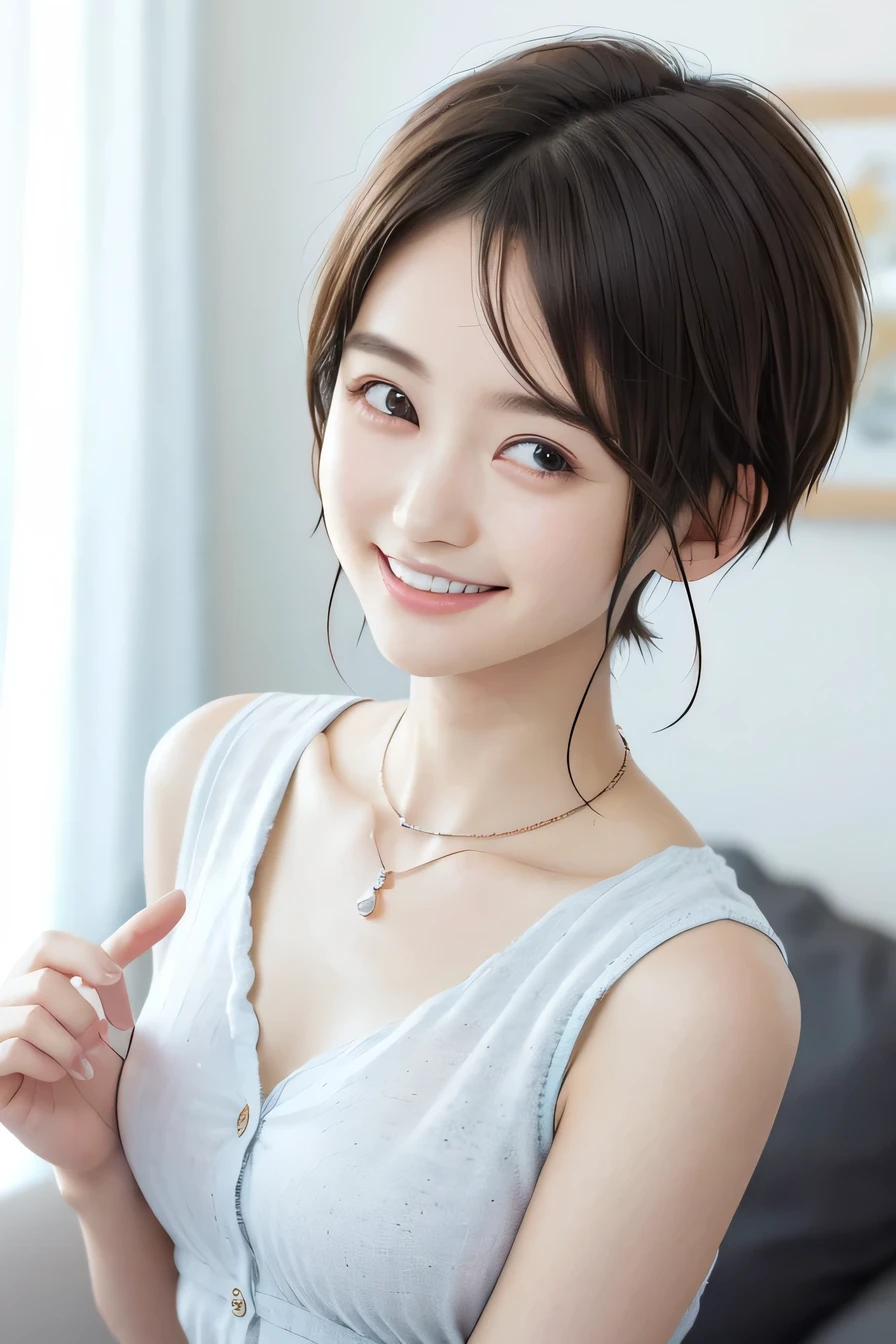 205 ((short hair)), 20-year-old female, In underwear、cardigan、Open your mouth、smile、Beautiful teeth alignment、Black Hair、ear piercing、Necklace around the neck、Looking into the camera, Waiting for the start