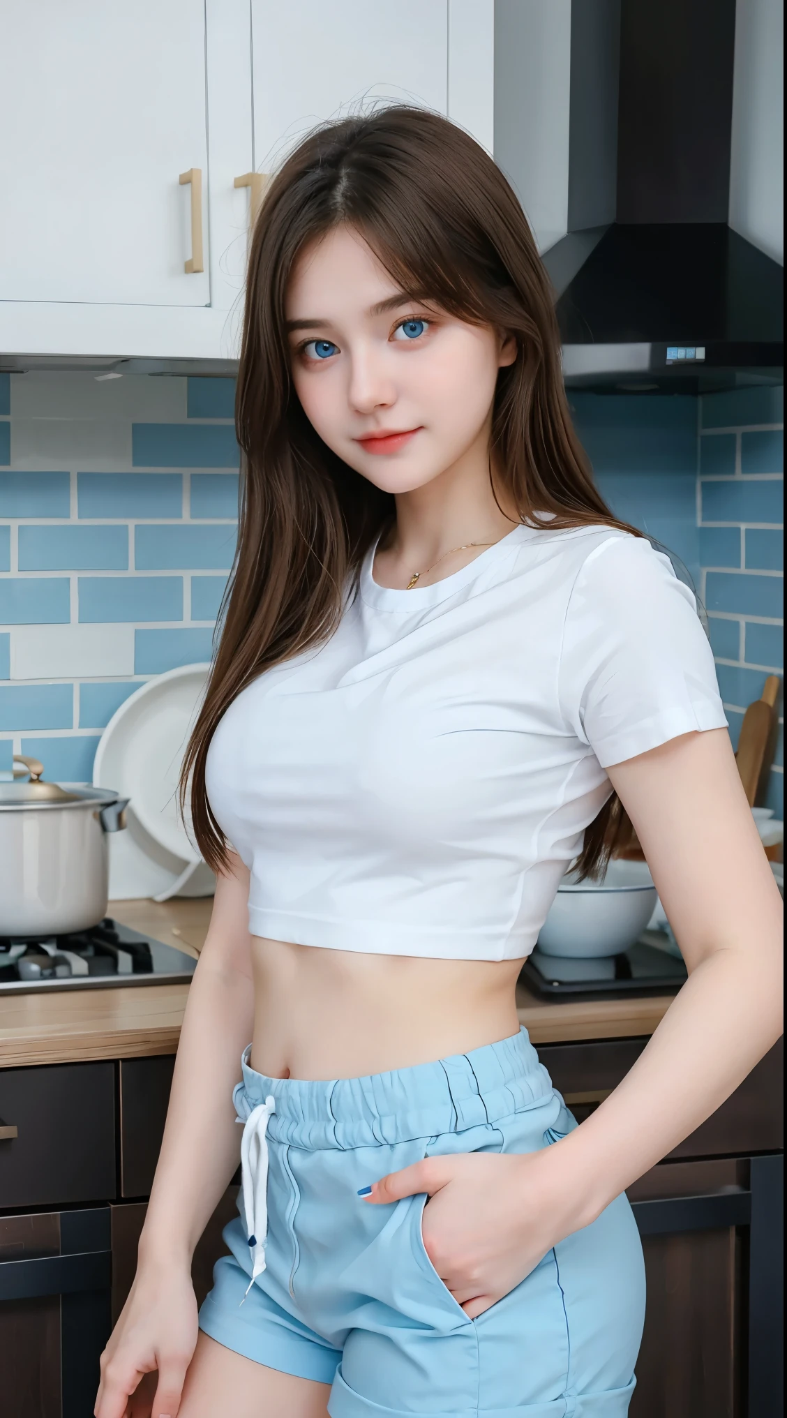 Gorgeus Girl, Beautiful, , 20 Years Old, White Skin, Beside, Sexy Pose, white t-shirt, Blue Eye, Bokeh, kitchen Background, Masterpiece, Fullbody Shot, short pants, cooking