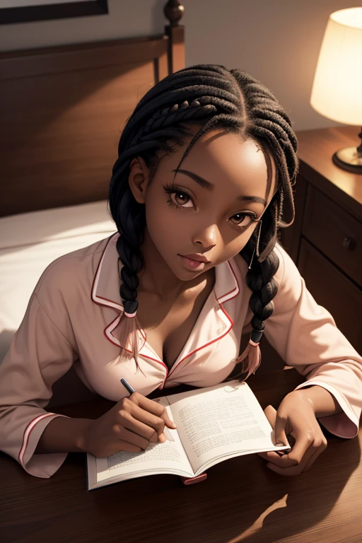 (masterpiece, best quality), deep ebony 1girl, beautiful face, freely hanging braids, bedroom , cute, comfy pijamas, beautify, studying over the table, concentrated, elegant, reading only, top view