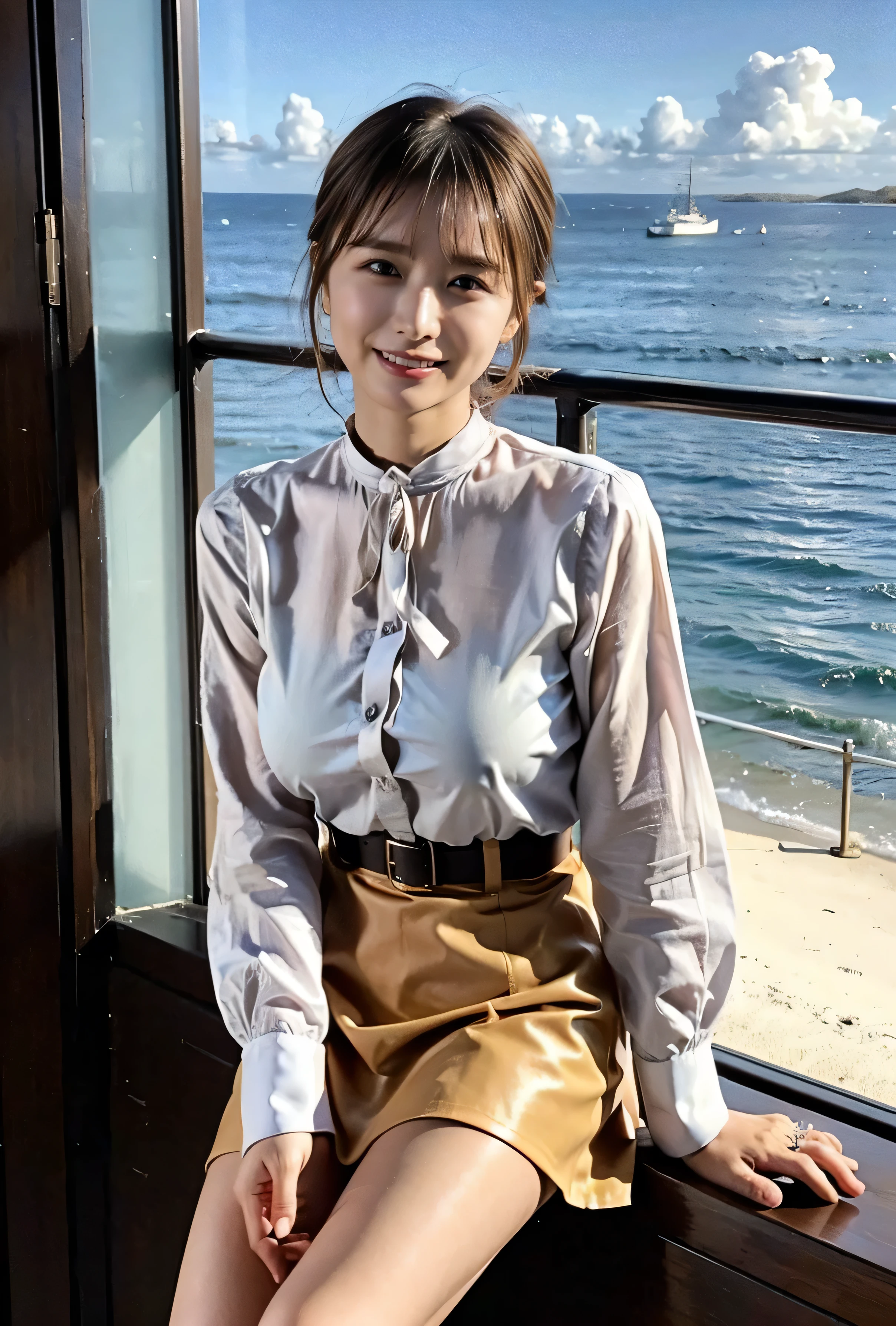 Blue-eyed woman、Gorgeous white collared silk shirt and brown skirt、Luxurious genuine leather belt、Dress elegantly、Luxury Bags、、((short hair:1.4))、Skyscrapers seen across the sea、Manhattan Island is visible offshore、A woman on a pleasure boat、Side Ponytail、The sun shines on her、No sleeve、Light brown hair、Light brown hair、The sky was dyed red、There are clouds、It's cute、A woman in elegant clothing is sitting on a boat and watching the sunset、Her huge breasts are obvious even through her clothes.、The shining sun is so beautiful、Dusk is coming、Lens flare、I can see the sun setting、((Sunlight reflecting off the ocean、Ocean View、The sun shines on the sea、'beautiful.、Small earrings、It'evening、Birds are also flying、、Brown Hair Color、Tie your hair、The woman is on the right:1.4))、Luxury Leather Belts、Shiny clothes、Light beige hair color、Background Blur、Braid only the front hair、Light brown hair、{{Cowgirl Shot}}、((Close-up shot from the waist up、Big Breasts:1.4))、Big Breasts、Smile、Silk clothing、Big Breasts that can be seen even through clothes、Braid only the front hair、Cowboy Shot、Gorgeous white collared silk shirt and brown skirt、Dress elegantly、Luxury Bags、A lovely smile、((airplane in the background、I'Coming to the airport))、Full body photo、ring、Short skirt、Tuck your hair behind one ear、Silver Necklace、smile、 Elegant ponytail、Caustics、Highly detailed photos、Very beautiful and ideal short hair、Big Breasts、Super no makeup、(8k、RAW Photos、highest quality、masterpiece:1.2)、(Realistic、Realistic)、1 girl、((Big Breastsshort hair、Looking into the camera:1.4))、Hair blowing in the wind