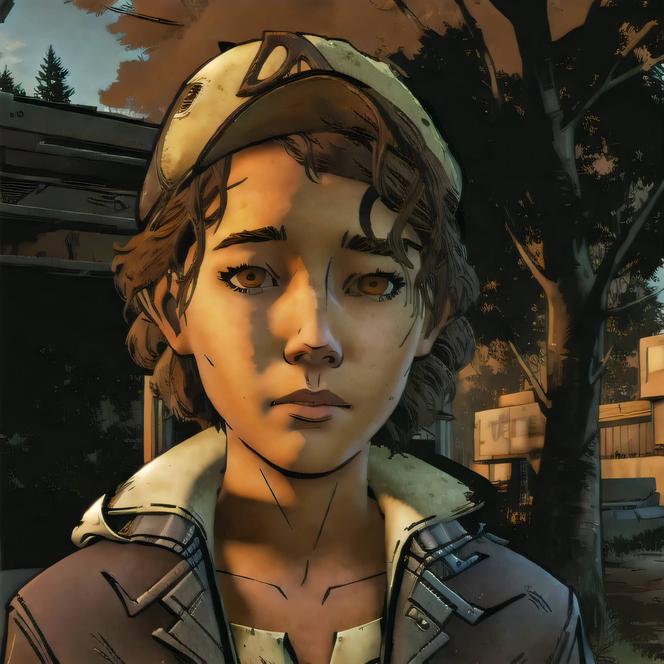 (masterpiece, best quality:1.2), Clem, solo, brown eyes, brown hair, early 30's, looking at camera, happy look, the walking dead game style, telltale style, comic book style, broken city background