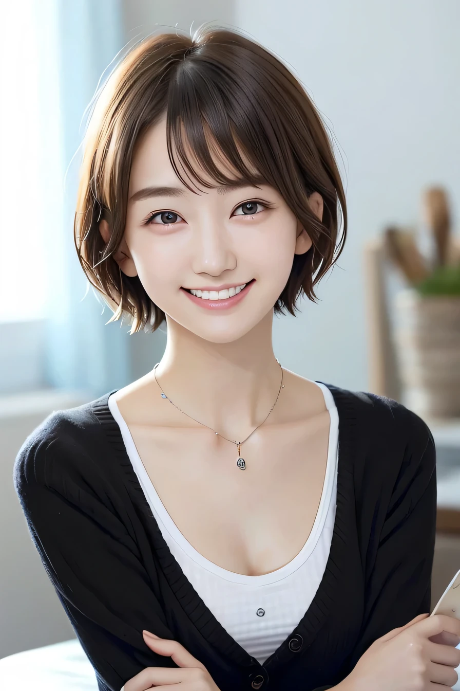 205 ((short hair)), 20-year-old female, In underwear、cardigan、Open your mouth、smile、Beautiful teeth alignment、Black Hair、ear piercing、Necklace around the neck、Looking into the camera, Waiting for the start