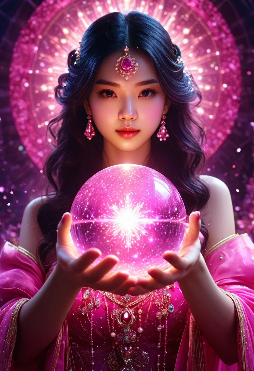 pretty girl,pink、A shining enchanting deity adorned with jewels、Holding a glowing sphere in your hand Staring straight into the camera, in the center,Very bright color, Particles of light, The light shines, disaster, Wallpaper Art, UHD Wallpaper、背景pink、Mysterious、輝くpinkのオーラ、Upper body close-up