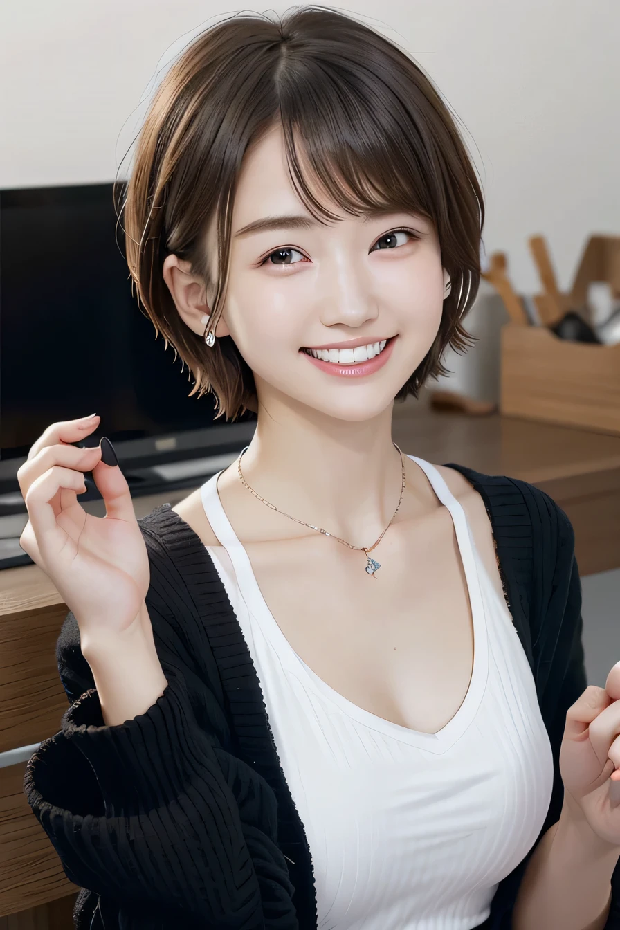 205 ((short hair)), 20-year-old female, In underwear、cardigan、Open your mouth、smile、Beautiful teeth alignment、Black Hair、ear piercing、Necklace around the neck、Looking into the camera, Waiting for the start