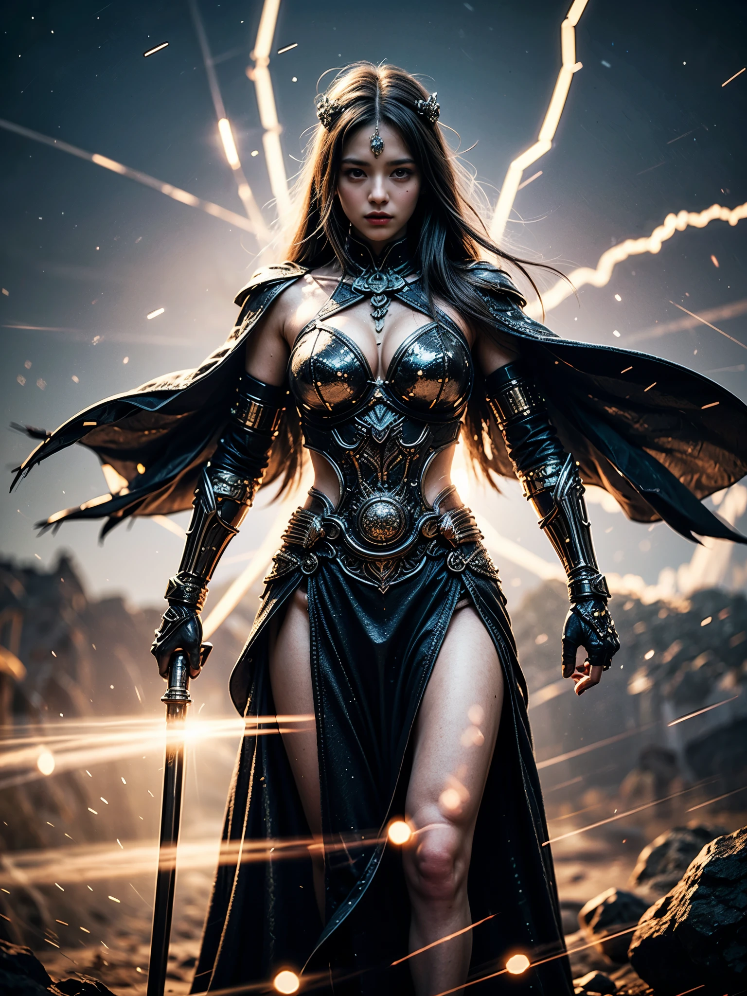 A female warrior, the Goddess of Thunder, stands with a regal and imposing presence. Her armor is a radiant blend of futuristic cybernetic design and ancient Greek-inspired motifs, adorned with lightning bolts and celestial symbols. She wields a mighty thunder hammer crackling with energy, ready for battle. The middle ground showcases a cosmic arena, with swirling galaxies and constellations forming a mesmerizing backdrop. Ethereal beings watch from a distance, their shimmering forms adding a mystical quality to the scene. In the background, storm clouds gather ominously, illuminated by flashes of lightning and bursts of celestial light. The lighting is dramatic, with shafts of light breaking through the celestial clouds to highlight the Goddess of Thunder., motion blur, cinematic lighting, UHD, anatomically correct, super detail, 4K