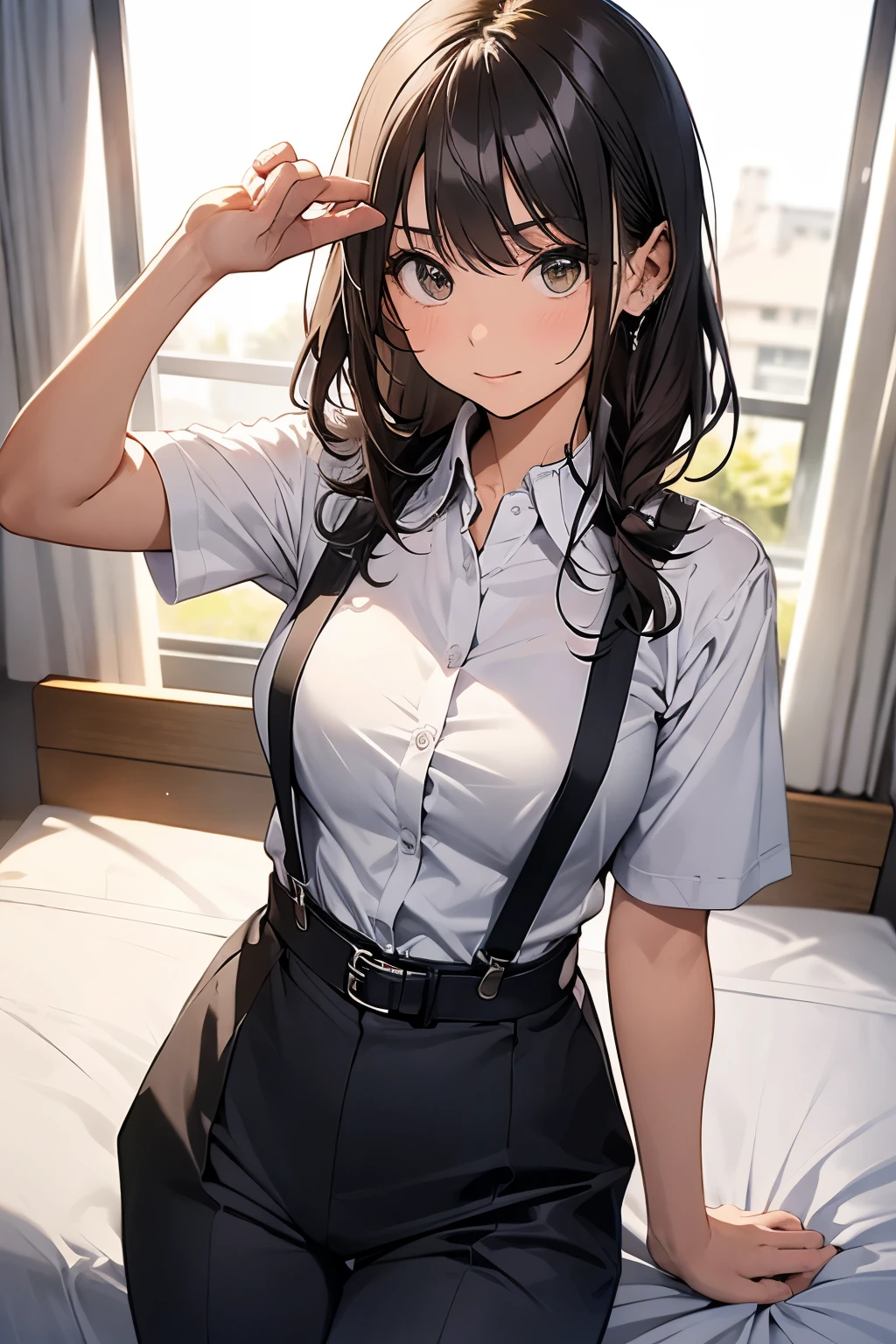 hair、Staring at the audience　　　Black suspenders　　　bulging big breasts　　 　 　　　wall: 　Black pantsuit　　　　　　sight　　　Small face　 　　　holster　　　Beautiful woman　　Show your hand　　 Lying in bed　　sight 　　Taunt　side　side汗 　arm　Dress shirt　belt　summer　Armpit sweat