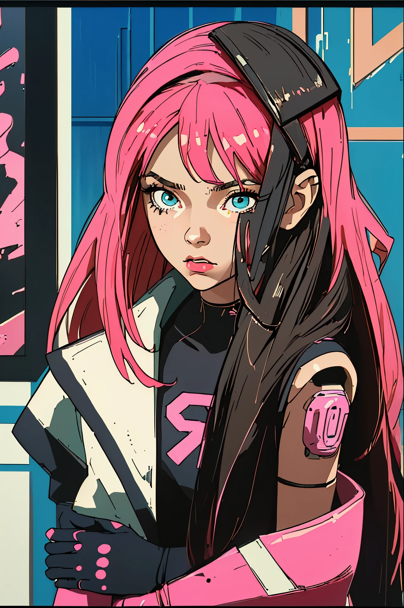 (melhor qualidade, Obra de arte), 1 garota,cabelo rosa curto, 1980s \(estilo cyber punk\), olhando para o espectador, Poster \(estilo\), tronco,
