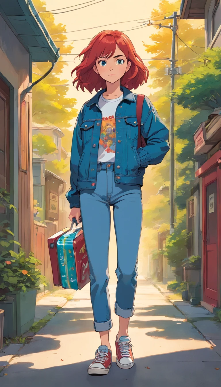 Create an image of Max Mayfield from 'Stranger Things,' showcasing her distinctive style and personality. Max, a young girl with vibrant red hair, cut shoulder-length and slightly wavy, has a round face with freckles and expressive blue eyes. She is depicted holding her skateboard, which features colorful, eye-catching designs. Max is wearing her typical casual outfit of a retro graphic t-shirt, denim jacket, and jeans, with a pair of worn-out sneakers. She stands confidently, exuding a sense of adventurous spirit and independence. The background features a typical suburban Hawkins setting, with tree-lined streets and 80s-style houses, capturing the essence of her character and the era.