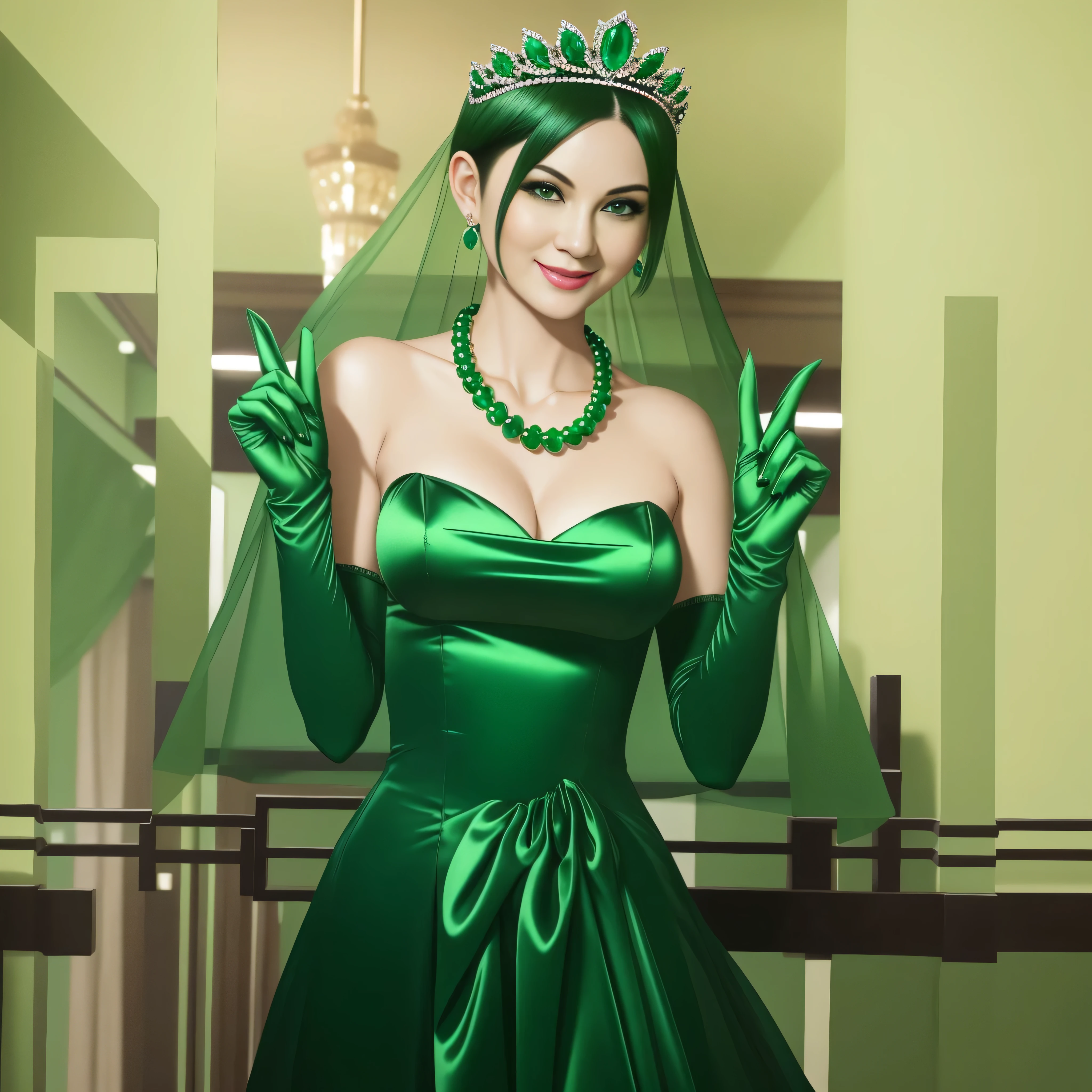 Emerald tiara, Green Pearl Necklace, Boyish very short green hair, lipstick, Woman in her 30s Japan smiling, Very short hair, Big and beautiful, Green Eyes, Long green satin gloves, Big Breasts, V sign, Emerald Earrings, Green veil