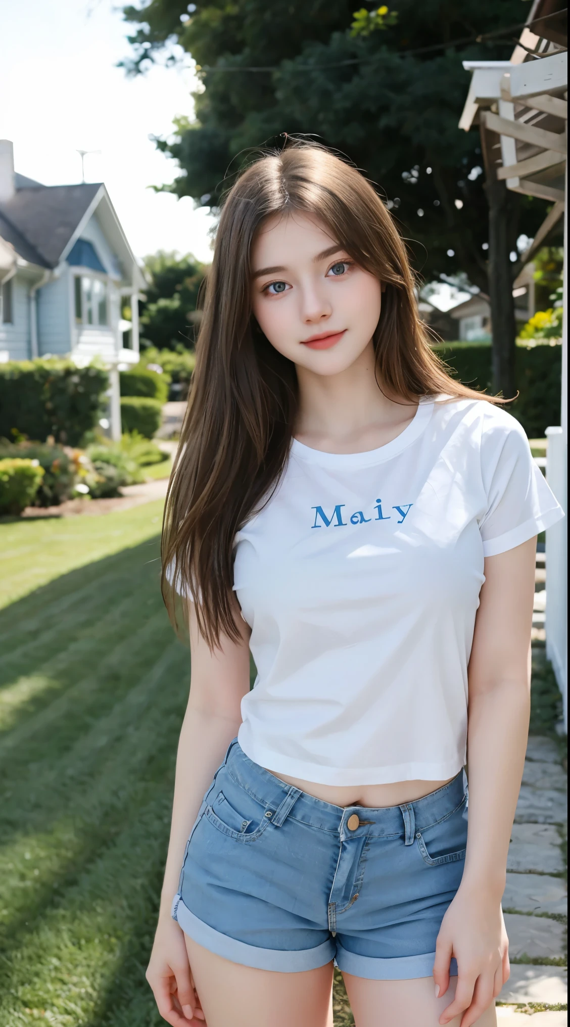Gorgeus Girl, Beautiful, , 20 Years Old, White Skin, Beside, Sexy Pose, white t-shirt, Blue Eye, Bokeh, front yard of the house Background, Masterpiece, Fullbody Shot, short pants,