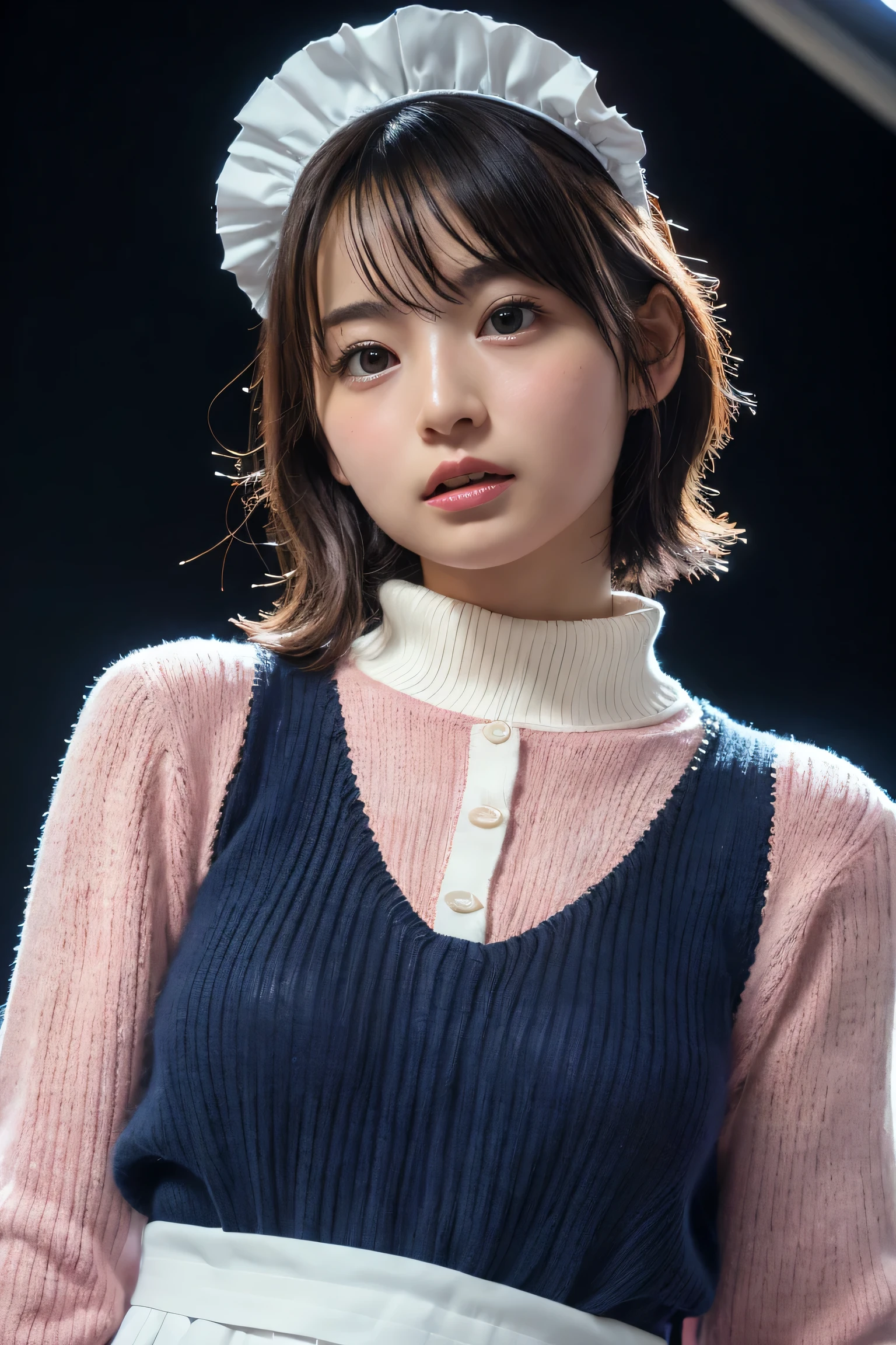 (8k, RAW Photos,highest quality, High resolution:1.1), (Ultra-realistic:1.4),(Realistic, Realistic:1.3),The Beauty of Japan、Rhythmic gymnastics club、Rhythmic Gymnastics Uniform、((Upper Body:1.3)),Maid Cafe、((Maid:1.3)),(Pink knitted sweater:1.3),look up、Shooting from the sky、