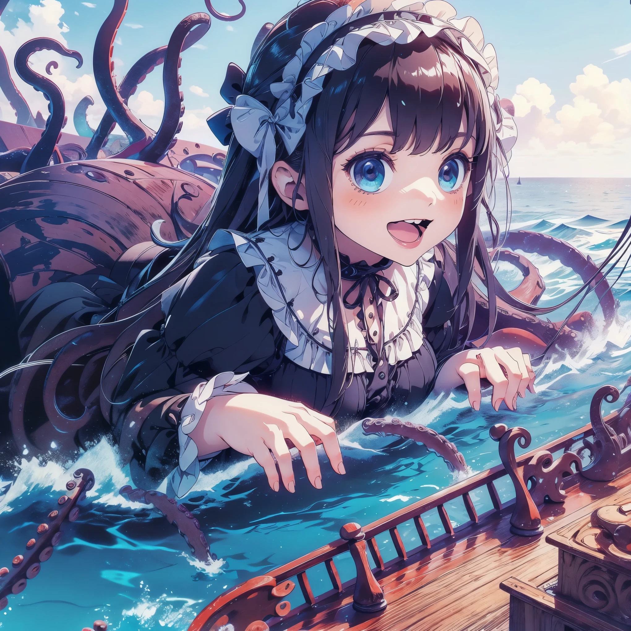 Giant girl leaning out of the sea. She wears a gothic dress. dress with ruffles. Innocent laughter.  Grab and sink the ship. Wooden boat. Tentacles extending from the sea. View from the ship.