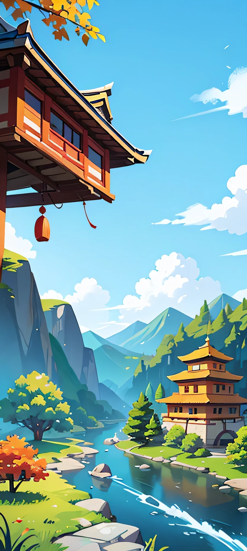 A cartoon caricature,Background contains sun、Blue sky、White Cloud、Trees、Mountain、雪Mountain、Stone、river、Fall、Golden roof、Ancient Chinese Building