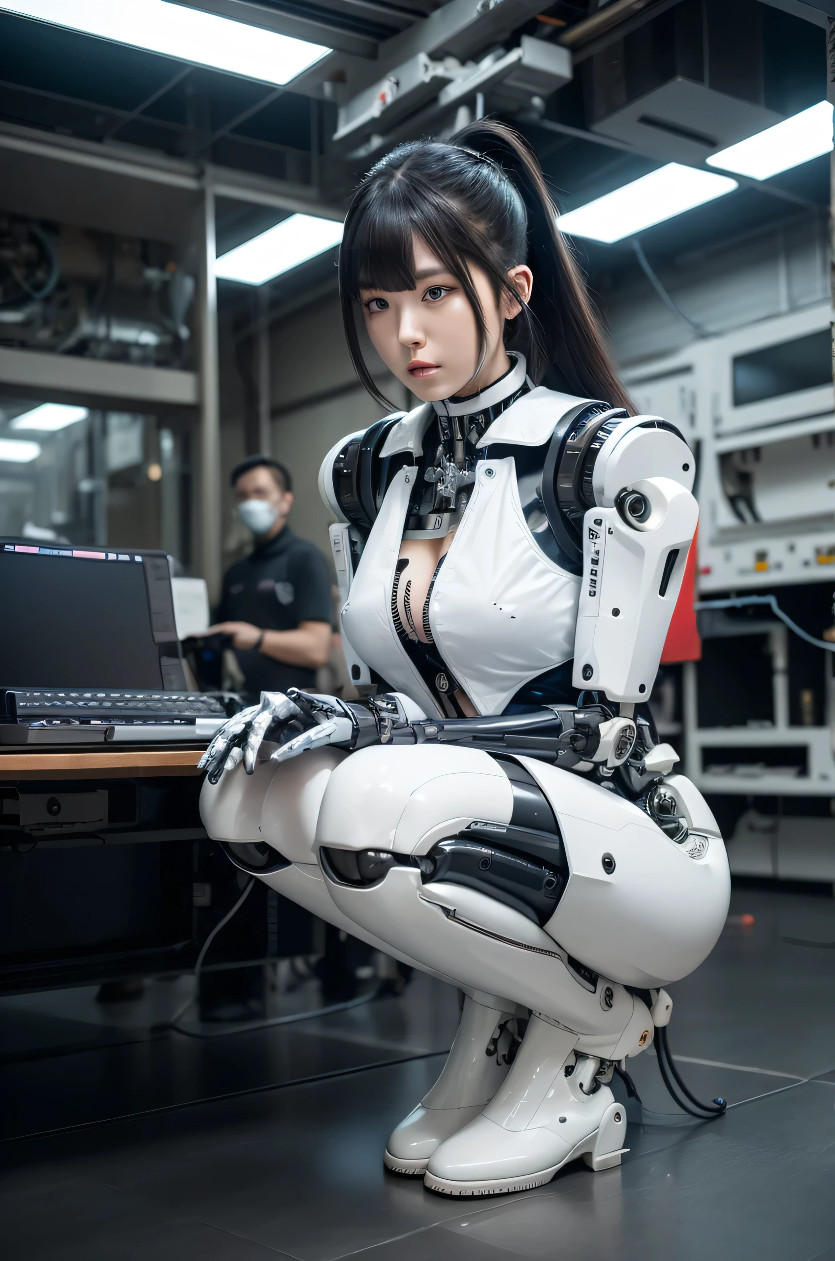 masterpiece, best quality, extremely detailed, Japaese Cyborg Girl,Plump , White boots,control panels,android,Droid,Mechanical Hand, ,clothes with a sense of mechanical technology, Robot arms and legs, Black Robot Parts,Black hair,Mechanical body,dress shirt,long vest,Blunt bangs,White abdomen,White robotics parts,perfect robot woman,future laboratory,cyber pank,charging spot,laboratory,long tube,thick cable connected her neck,kneel on the floor,bowing,ceramic body ,mechanical body,blue eyes,android,robot humanoid