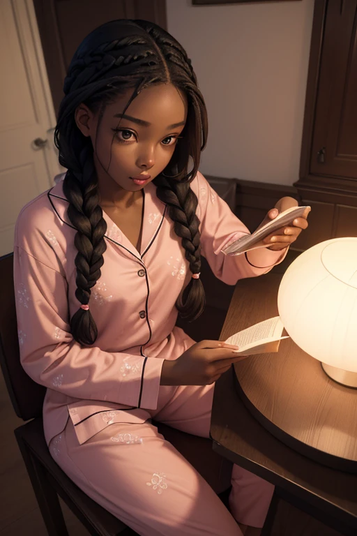 (masterpiece, best quality), deep ebony 1girl, beautiful face, freely hanging braids, bedroom , cute, comfy pijamas, beautify, studying over the table, concentrated, elegant, reading only, viewed from the top, night setting, Lofi vibe