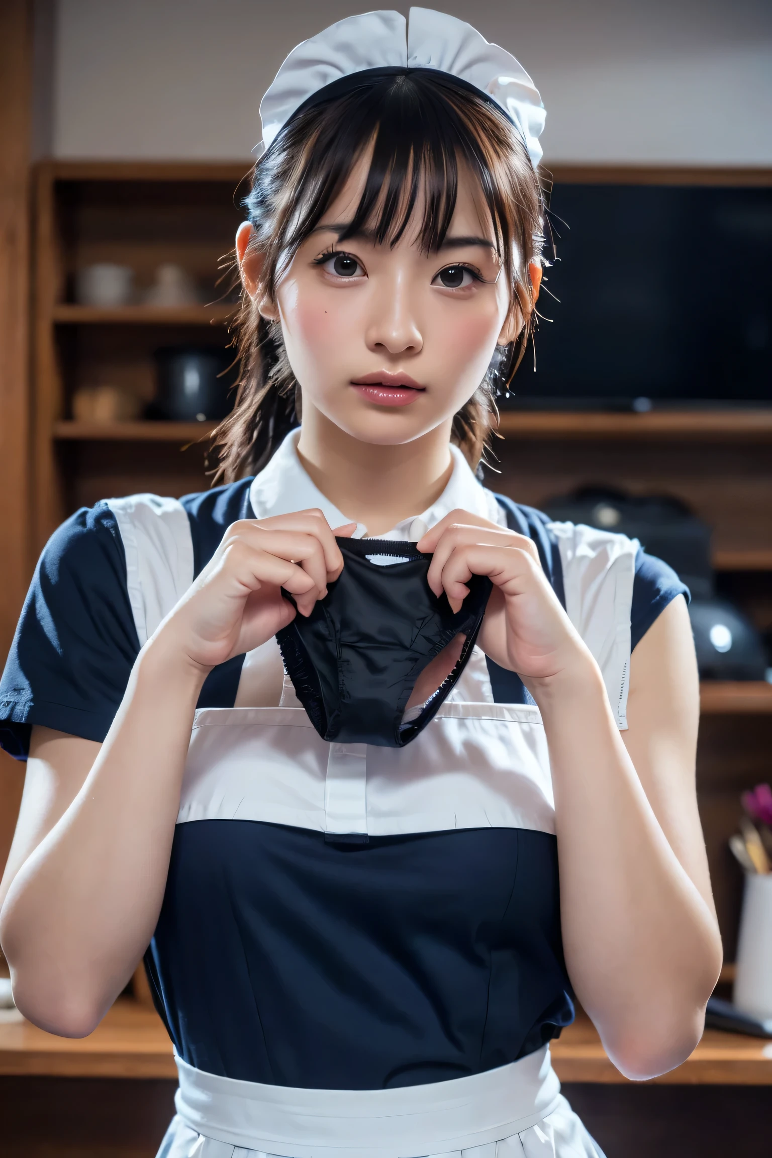 (8k, RAW Photos,highest quality, High resolution:1.1), (Ultra-realistic:1.4),(Realistic, Realistic:1.3),The Beauty of Japan、Rhythmic gymnastics club、Rhythmic Gymnastics Uniform、((Upper Body:1.3)),holding panties ,Maid Cafe、((Maid:1.3))