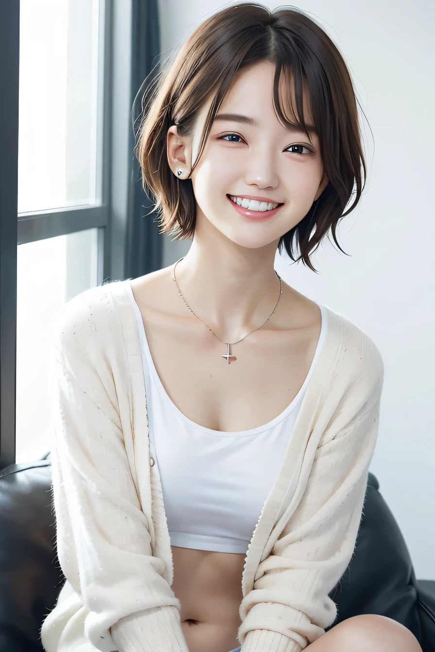 205 ((short hair)), 20-year-old female, In underwear、cardigan、Open your mouth、smile、Beautiful teeth alignment、Black Hair、ear piercing、Necklace around the neck、Looking into the camera, Waiting for the start