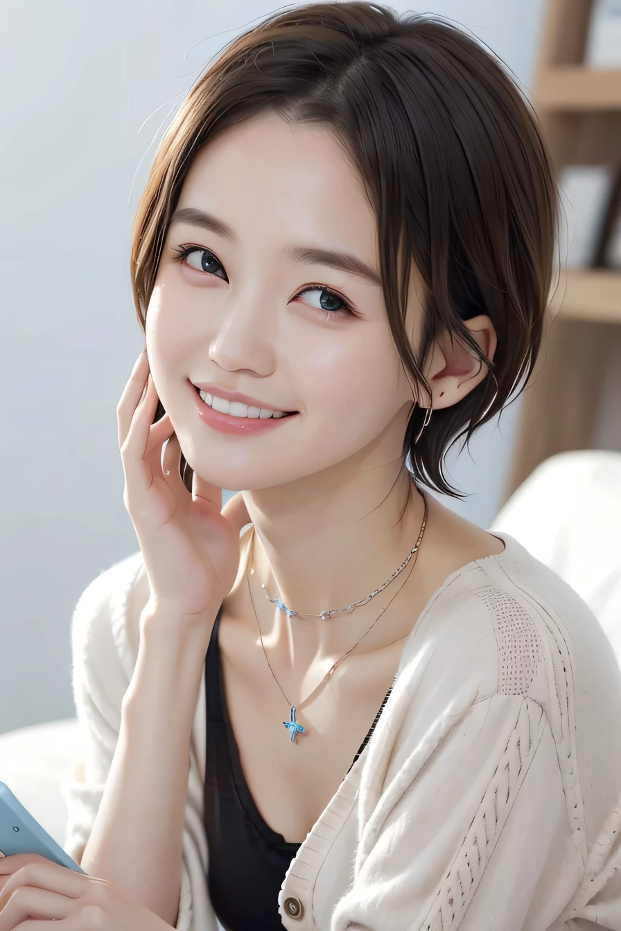 205 ((short hair)), 20-year-old female, In underwear、cardigan、Open your mouth、smile、Beautiful teeth alignment、Black Hair、ear piercing、Necklace around the neck、Looking into the camera, Waiting for the start