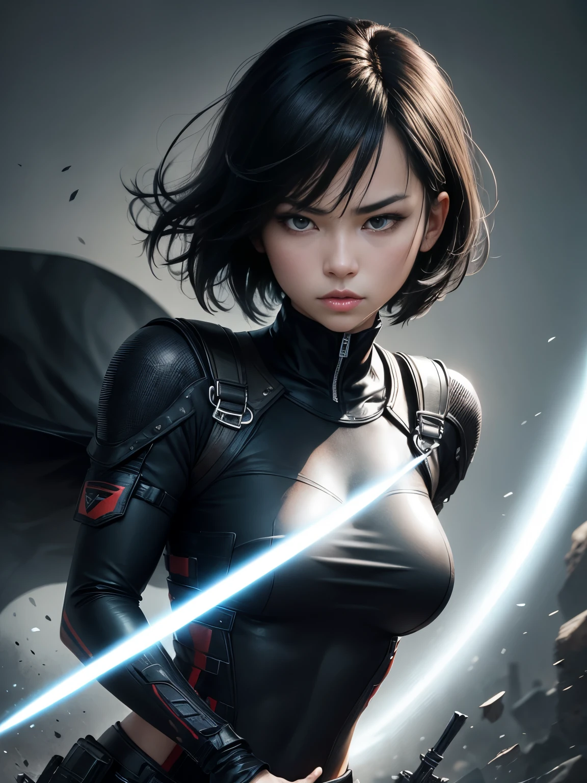 8K,Attractive young Japan badass woman with black hair short bob, Black eyes, Super rough young woman, (Jaws like the real thing),Black Special Combat Uniform, With a large Japan sword,Sexy clothes, sexy facial expression, Technical Wear, Tactical attrition, Tactic, masterpiece, Perfect full-body shot, High resolution and sharpness, Creative and expressive lighting, Vivid and atmospheric colors, Dense and unexpected texture, Stunning eye detail, Innovative and bold configuration, Amazing and captivating viewpoint, Artistic fidelity and precision, Creative and effective approach, Well-controlled expressive exposure, Surprising originality and creativity, Captivating emotions and stories, Creative use of light and shadow, Capture unique and surprising moments, Impeccable technical prowess, Harmonious tonal balance, Attention to detail, Realistic and expressive portrait, Skillful use of color, To create a unique atmosphere, Impressive visual impact.