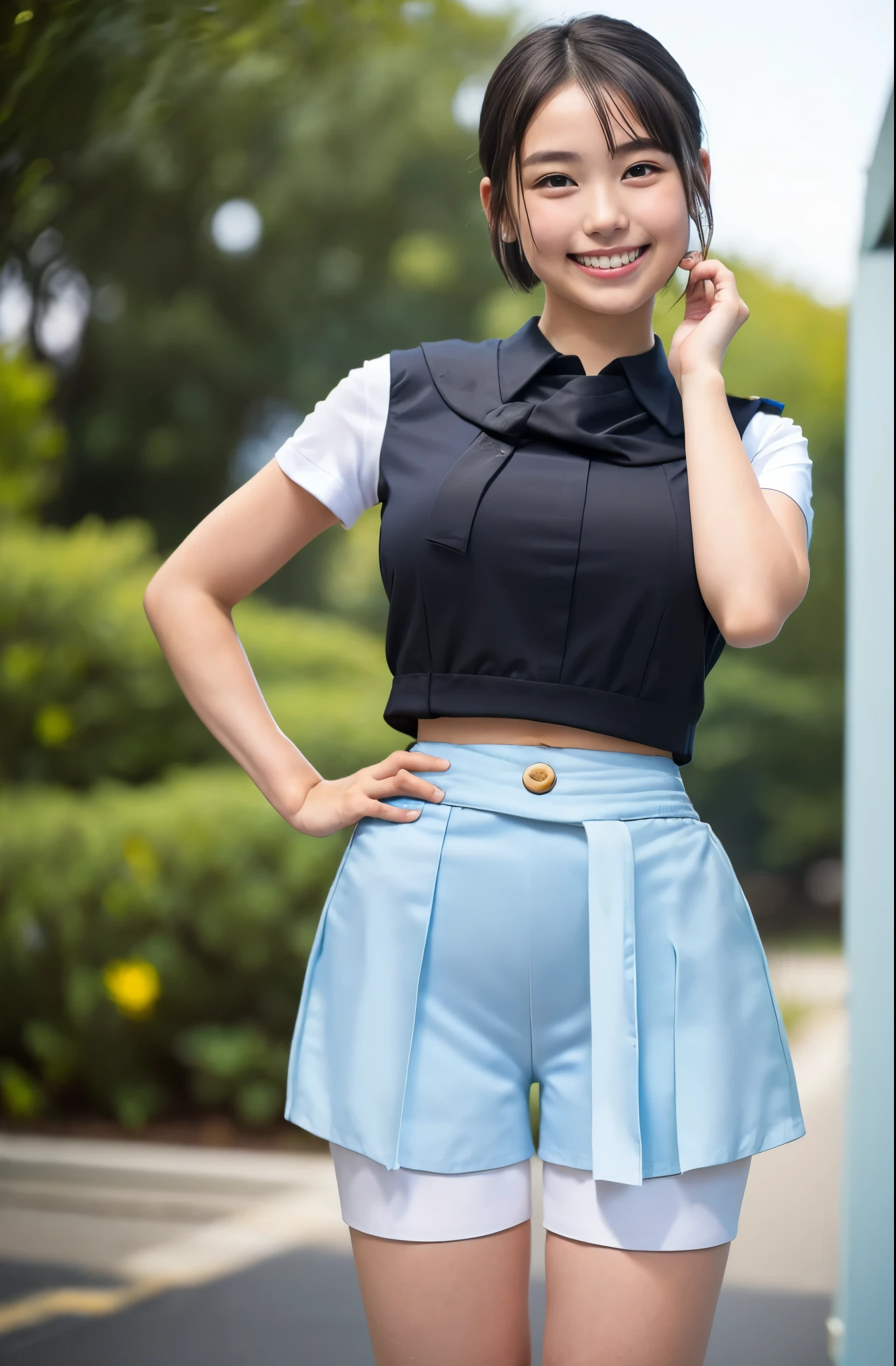 （8k、Raw photography、highest quality、masterpiece：1.2),(Black-haired、Very short hair:1.8),(ponytail:1.3)、View your audience,Viewed from the front,White skin,(high school girl、The upper body is a light blue uniform:1.7)、(Tight waist:1.6)、(Clothes that accentuate the shape of the breasts:1.0)、(Big Breasts :1.3)、Slim figure、Ultra-high resolution,beautiful,beautiful fece,(one person、No background:1.9),whole bodyボディー,Japanese women,（reality的：1.37）、Photon Mapping,reality、(Baby-faced and cute: 1.4)、(Cute Smile: 1.8)、(Round face: 1.8)、Radio City、Physically Based Rendering、Depth of field rally background、photograph, (I can see your knees、Very short white shorts、Thigh close-up:1.8),（:1.4）,whole body、Great quality