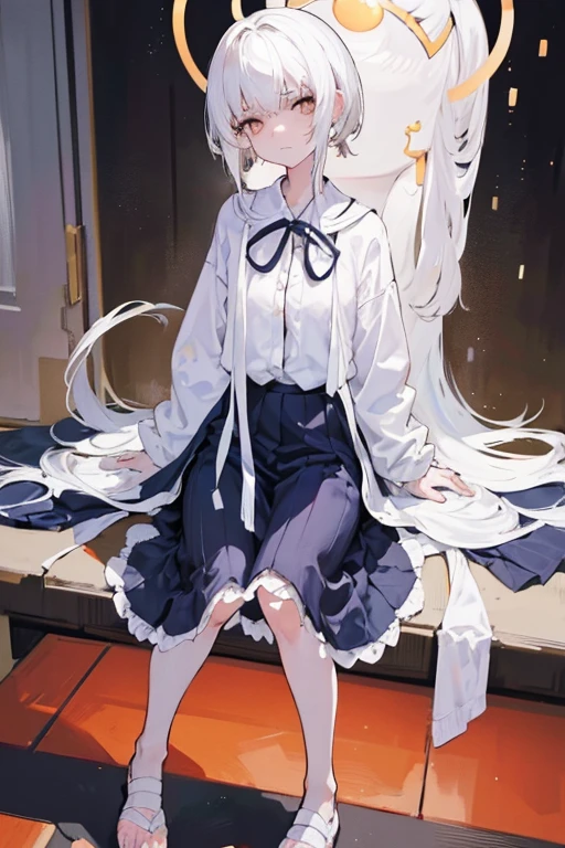 two people, hopeless, white hair, smirk, bangs, straight hair, medium hair, clenched teeth, scowl, serious, jitome, upset, disdain, anger vein, expressionless eyes, 8k, super detail, ccurate, best quality, fullbody, long skirt, girl