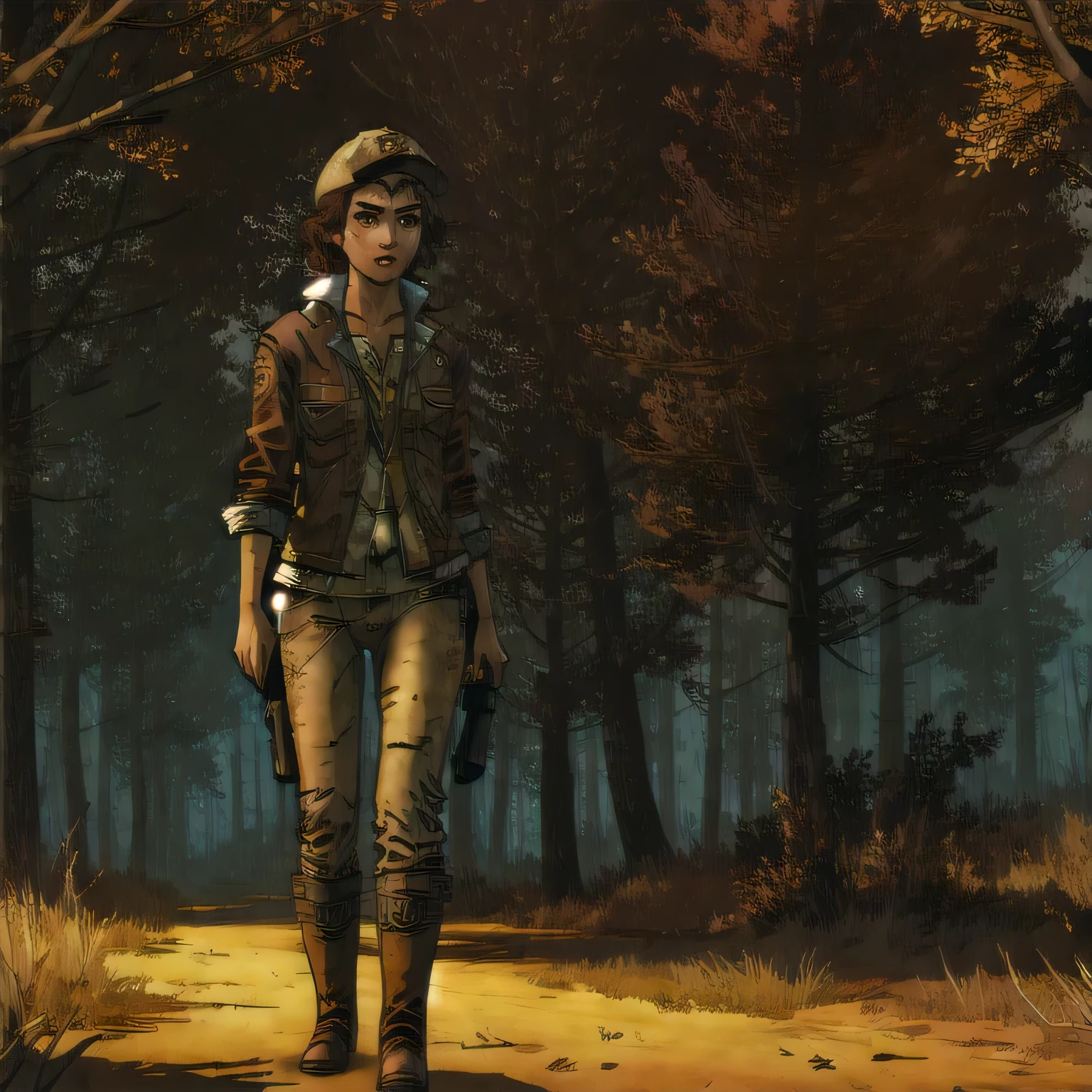 (masterpiece, best quality:1.2), Clem, solo, brown eyes, brown hair, early 30's, looking left, full body shot, the walking dead game style, telltale style, comic book style, dark forest background