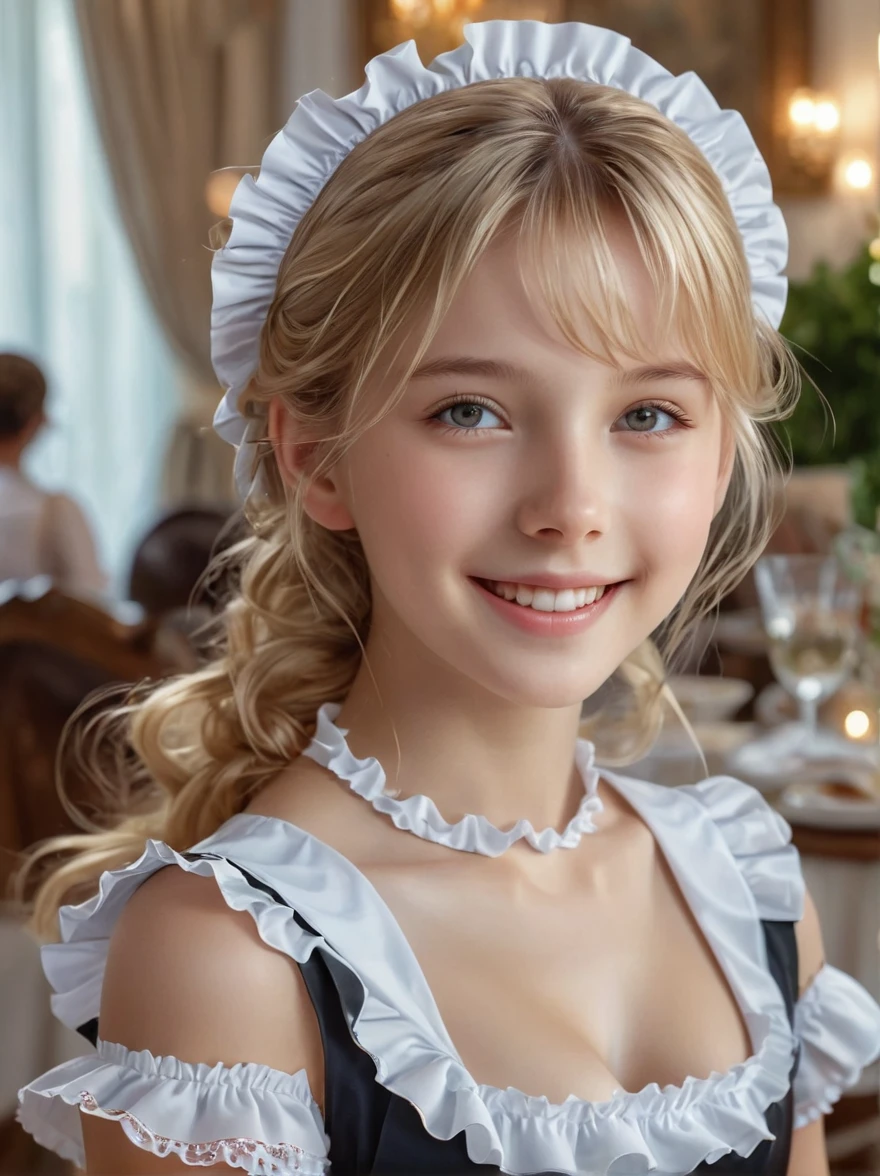 (masterpiece,Best quality), (Absurdity:1.3), (Photo Realism:1.4), RAW photos of beautiful European girls, (Ultra Detail, Ultra-realistic, Ultra-realistic, 8k, Ultra-high resolution), (Dynamic poses:1.2), blond, Long hair, (High Detail Skin, Detailed skin texture:1.1), BREAK 1girl, Young Girls, (Short Girl:1.3), Detail eyes, Detail face, (Cute maid costume:1.6), Ruffles, Room, dining table, tablecloth, (dinner is served:1.2), Shot by a professional photographer,Bokeh,Sharp focus,Depth of Field,Standing,Smile