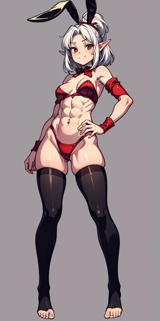 (Masterpiece, plain background:1.2) 1sologirl female full body, standing straight symmetrical barefoot barehands together looking to camera view from farther shot below angle, strong abs, red cheeks smiling, dark elf, darkest blacked elf skin, long mess white hair, red eyes, circlet, 1990s style retro game, black bunny 🐰 stockings sleeves 