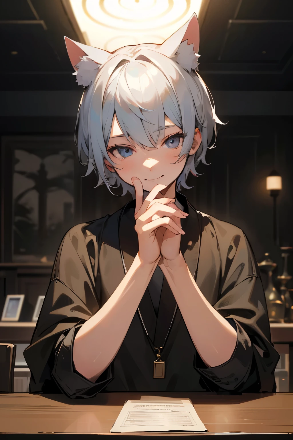 conversation,smile,Chat,超High resolution, retina, masterpiece, Accurate, Anatomically correct, Rough skin, Very detailed, Advanced Details, high quality, Awards, 最high quality, High resolution, High resolution, 4K,(anime,8k,masterpiece, 最high quality, 最high quality,beautifully、beautiful:1.2,Professional Illustration:1.1,Very detailed:1.3,Perfect lighting),Very detailed,Most detailed,High resolution,Cute pose,A cute boy, Cat ear,Silver Hair,short hair,evil lol,Upper Body,