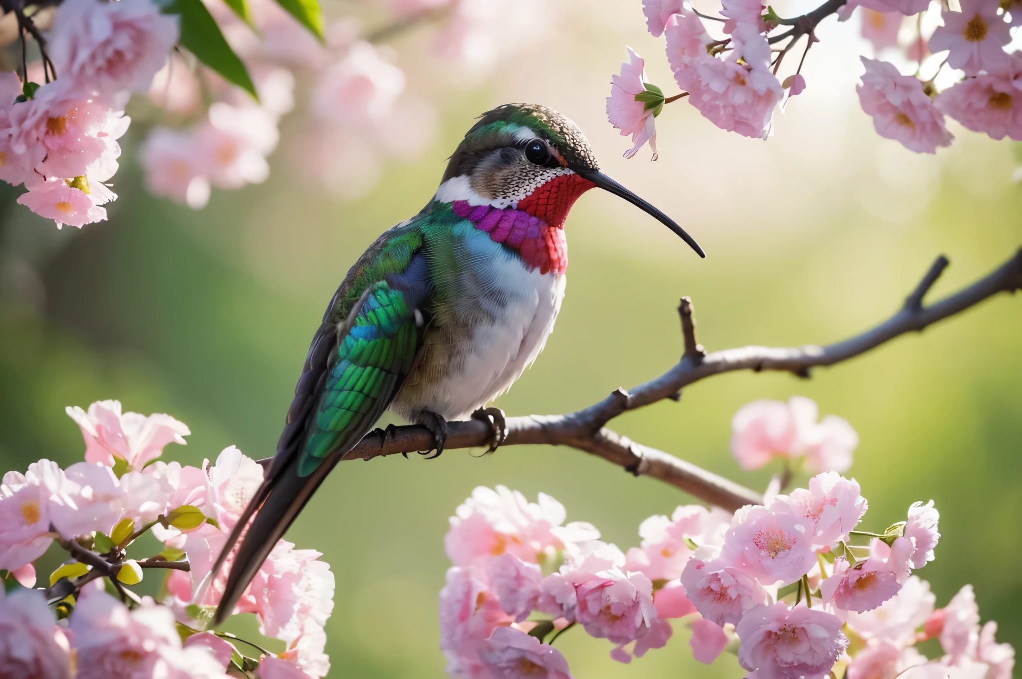 Hummingbird sitting on a branch with flowers, A detailed painting by andrey ryabovichev, Popular on artstation, Arabesque, Detailed painting 4k, Beautiful art UHD 4K, Hummingbird, Full of color and rich details, beautiful painting of tall man, Artistic 4K, Beautiful nature, 4K Fine Digital Art